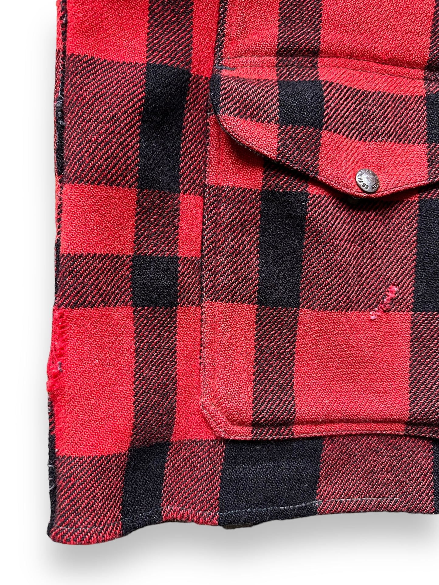 damage on right pocket on Vintage 70s Filson Mackinaw Jacket SZ 44 | Barn Owl Vintage Goods | Vintage Filson Workwear Seattle