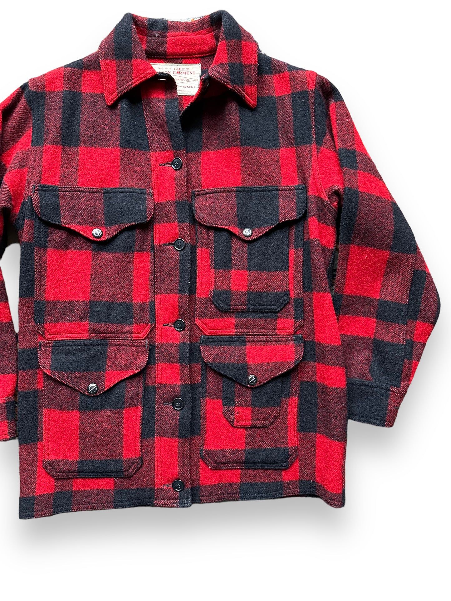 front left of Vintage 40s/50s Era Filson Union Made Cruiser SZ 36 | Barn Owl Vintage Goods | Vintage Filson Workwear Seattle