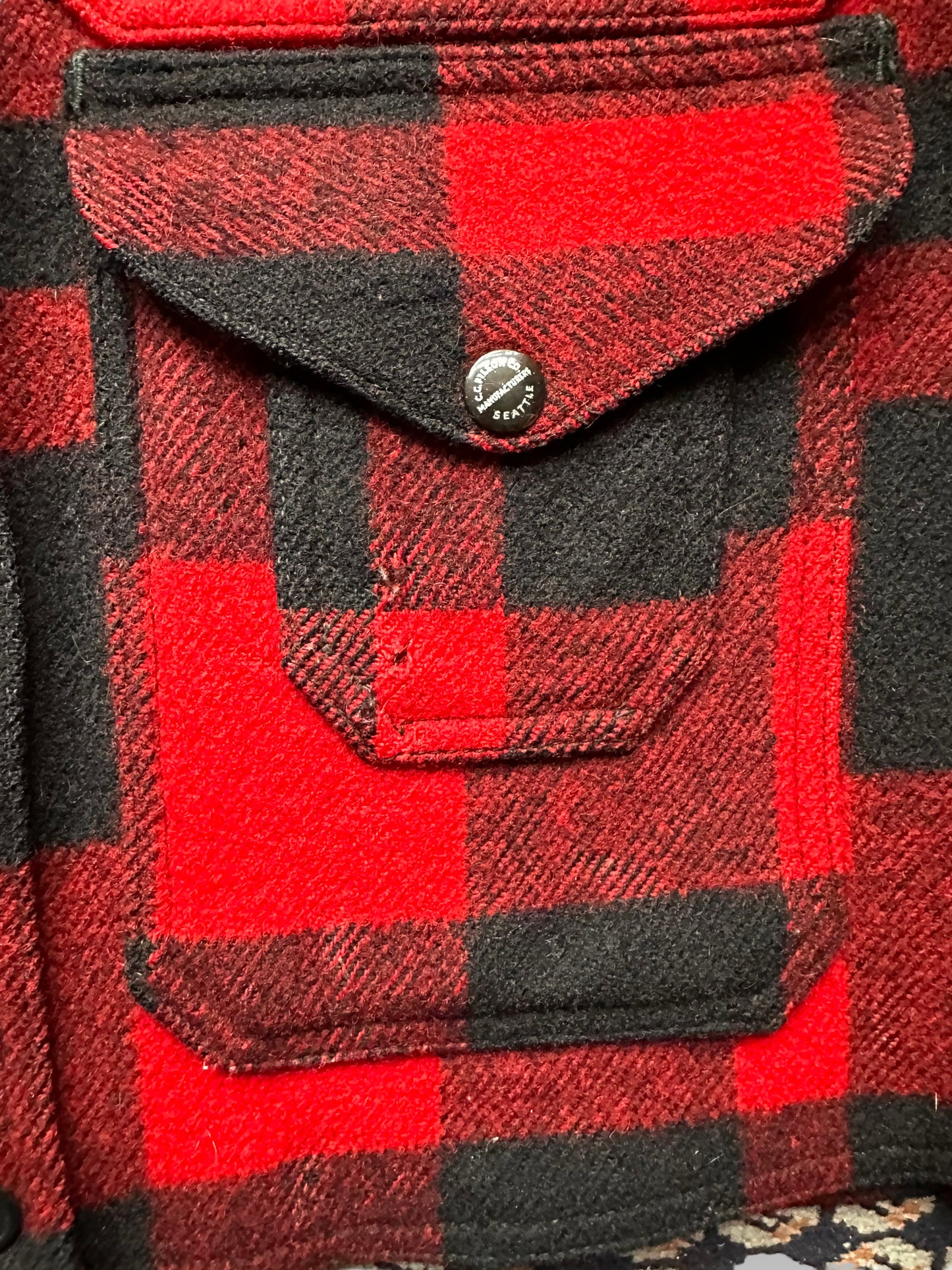 Small Moth Nibbles on Compass pocket on Vintage 40s/50s Era Filson Union Made Cruiser SZ 36 | Barn Owl Vintage Goods | Vintage Filson Workwear Seattle