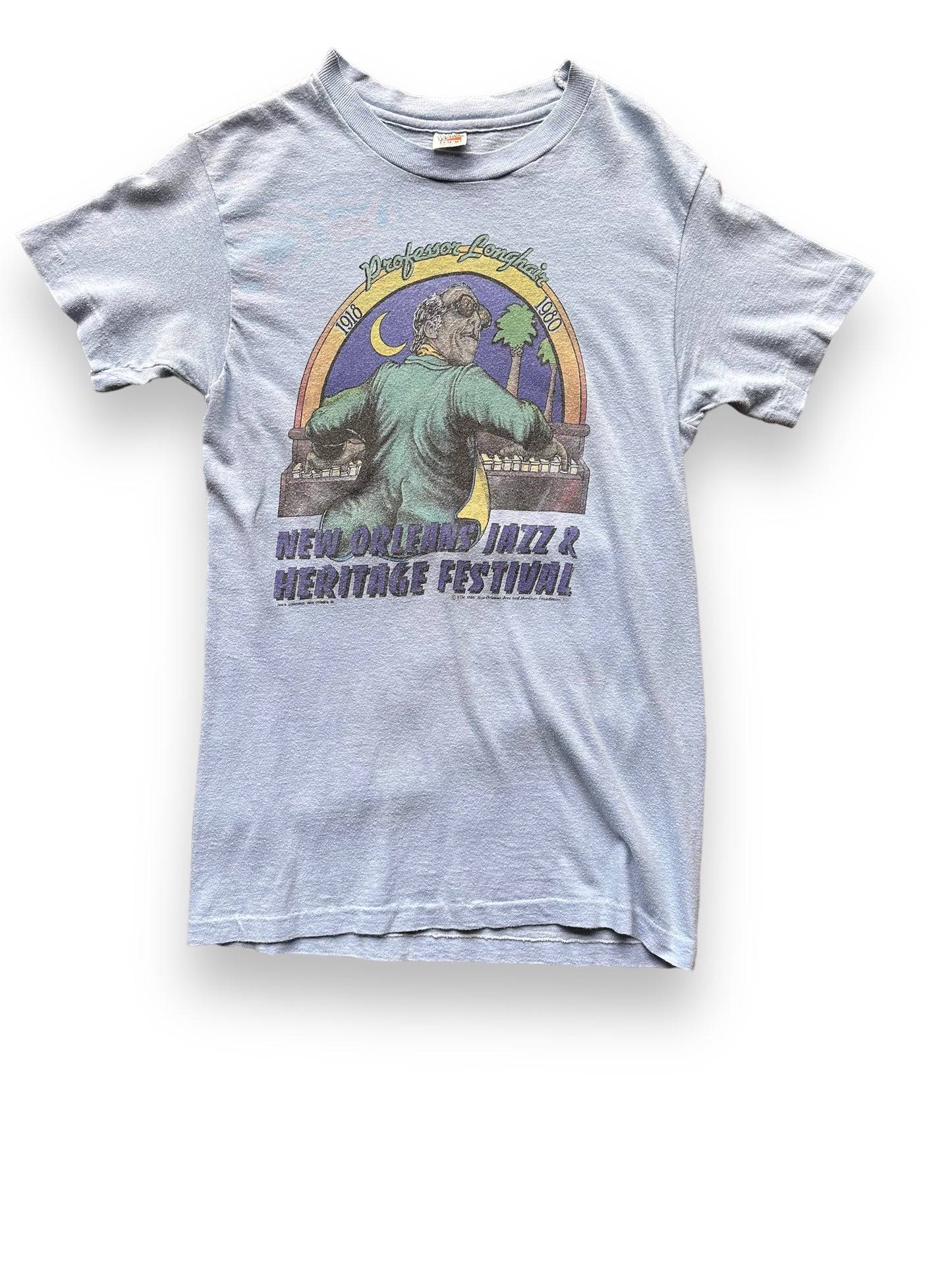 Front View of Vintage 1980 New Orleans Jazz & Heritage Professor Longhair Tee SZ S | Vintage 1980 New Orleans Jazz Tee Seattle | Barn Owl Vintage