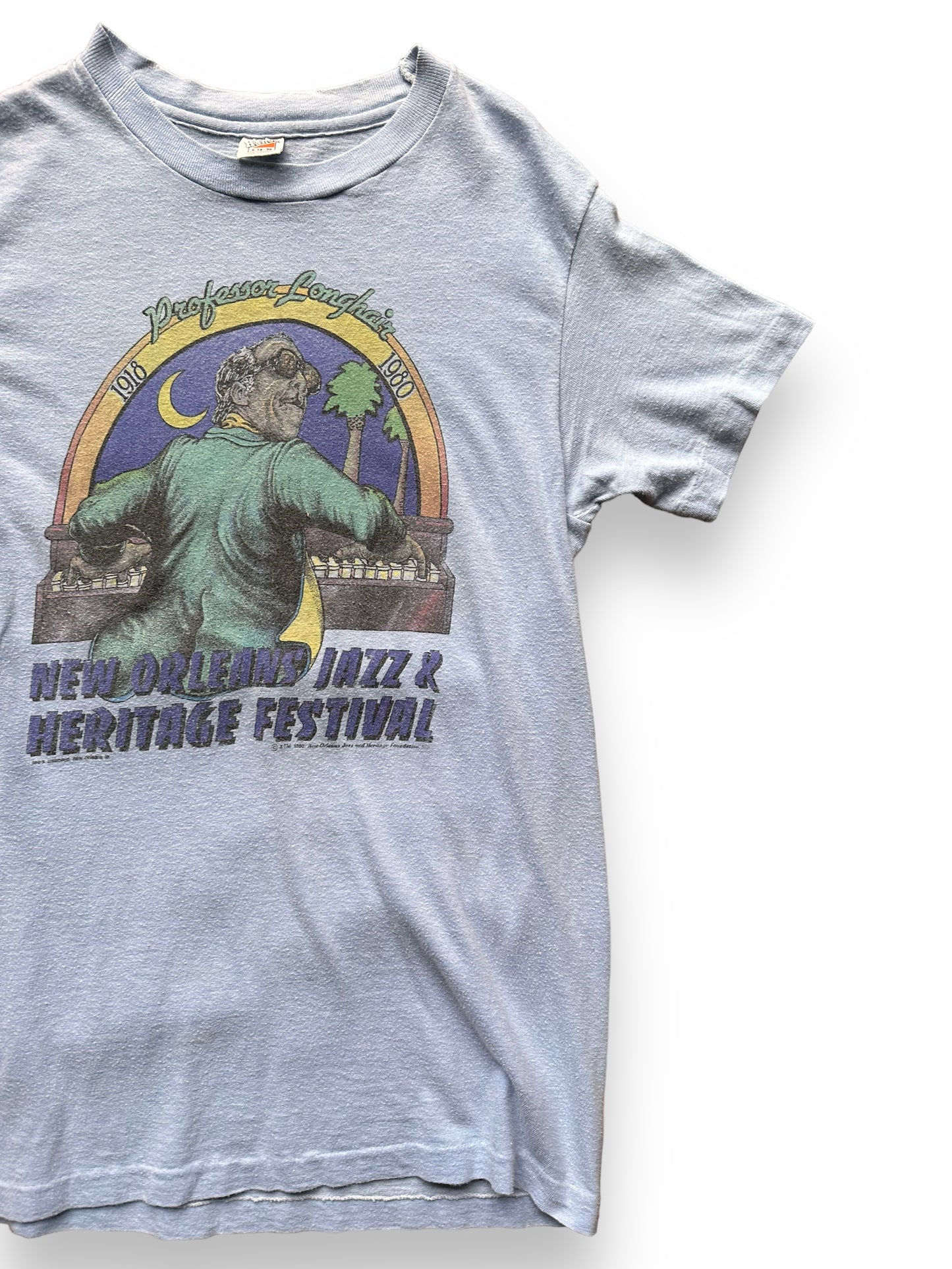 Front Left View of Vintage 1980 New Orleans Jazz & Heritage Professor Longhair Tee SZ S | Vintage 1980 New Orleans Jazz Tee Seattle | Barn Owl Vintage