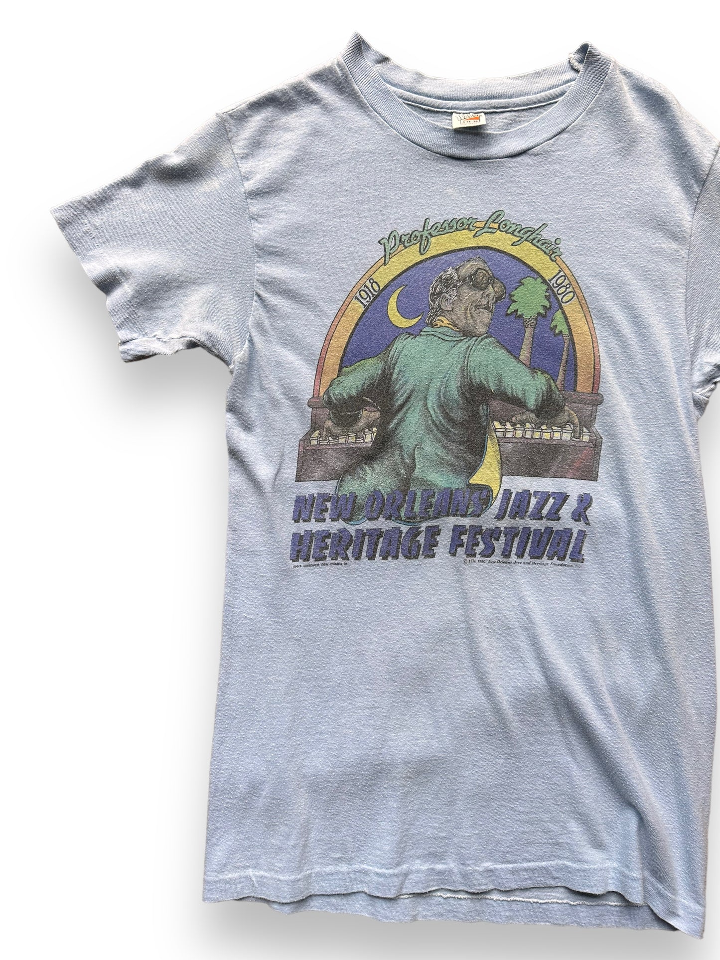 Front Right View of Vintage 1980 New Orleans Jazz & Heritage Professor Longhair Tee SZ S | Vintage 1980 New Orleans Jazz Tee Seattle | Barn Owl Vintage