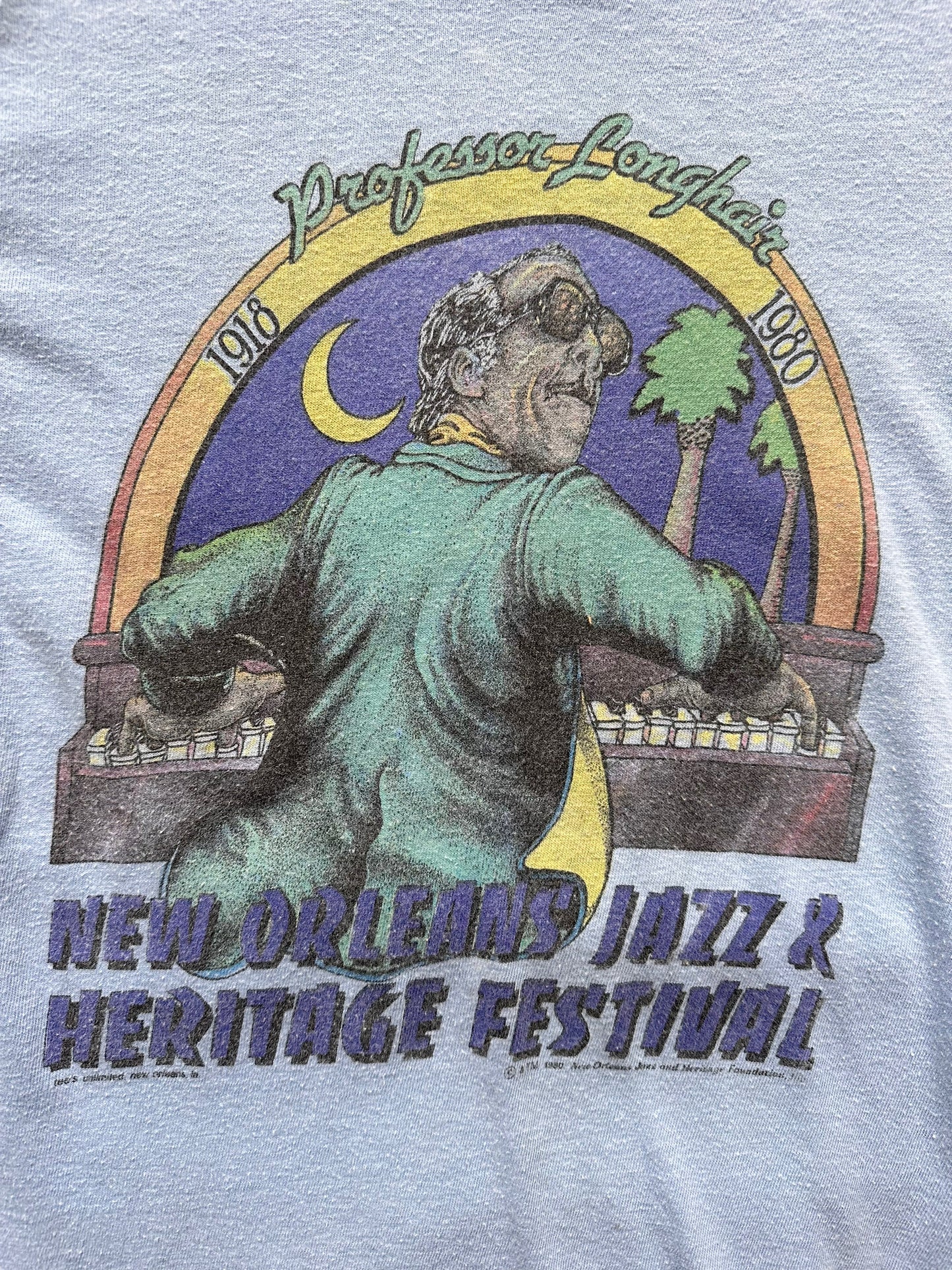 Graphic Close Up of Vintage 1980 New Orleans Jazz & Heritage Professor Longhair Tee SZ S | Vintage 1980 New Orleans Jazz Tee Seattle | Barn Owl Vintage