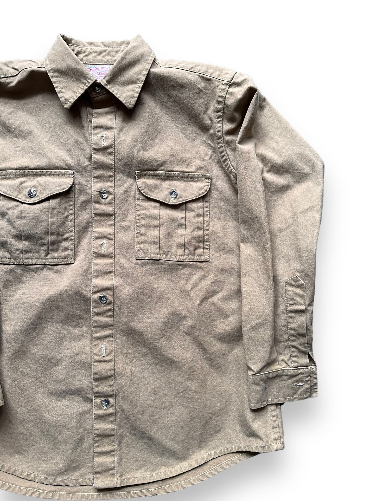 front left of Vintage Filson Canvas Shirt | Barn Owl Vintage Goods | Vintage Filson Workwear Seattle