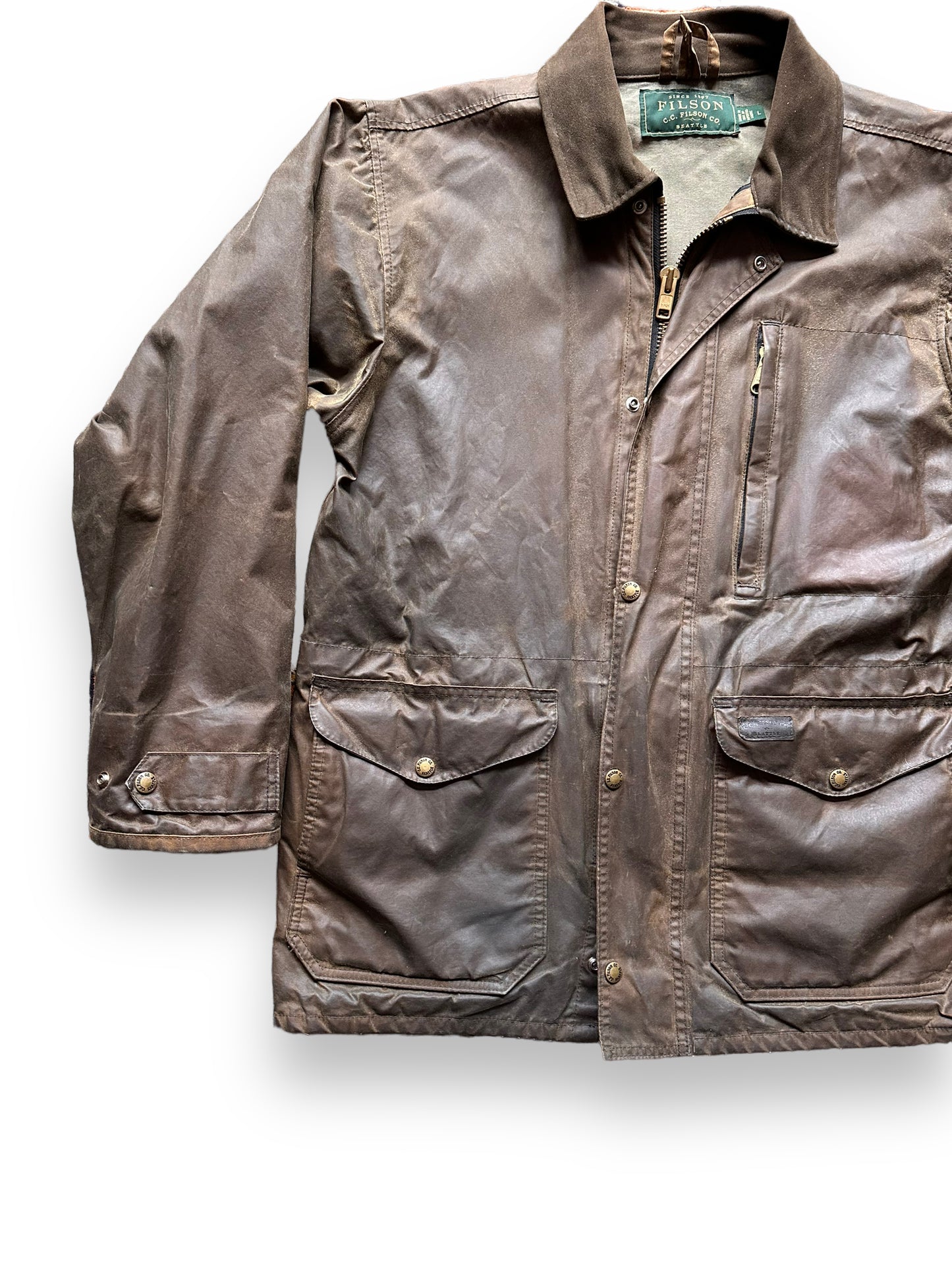front right of Vintage Filson Waxed Jacket SZ L | Barn Owl Vintage Goods | Vintage Filson Workwear Seattle