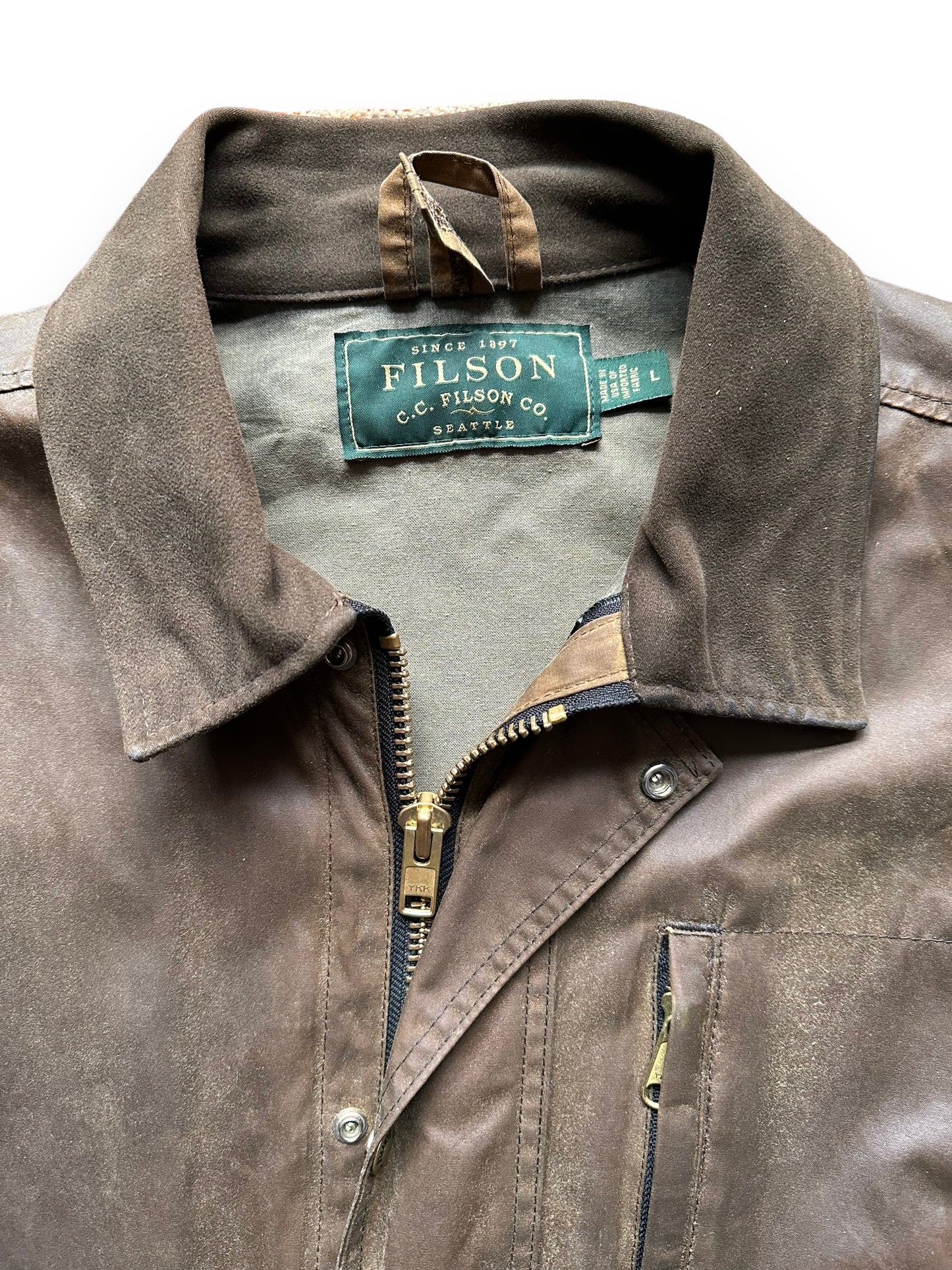 collar of Vintage Filson Waxed Jacket SZ L | Barn Owl Vintage Goods | Vintage Filson Workwear Seattle