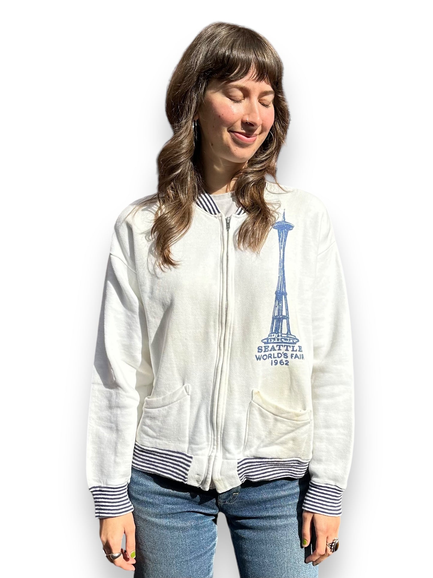 Front On Body View of Vintage Seattle World's Fair 1962 Zip-Up Sweatshirt SZ M