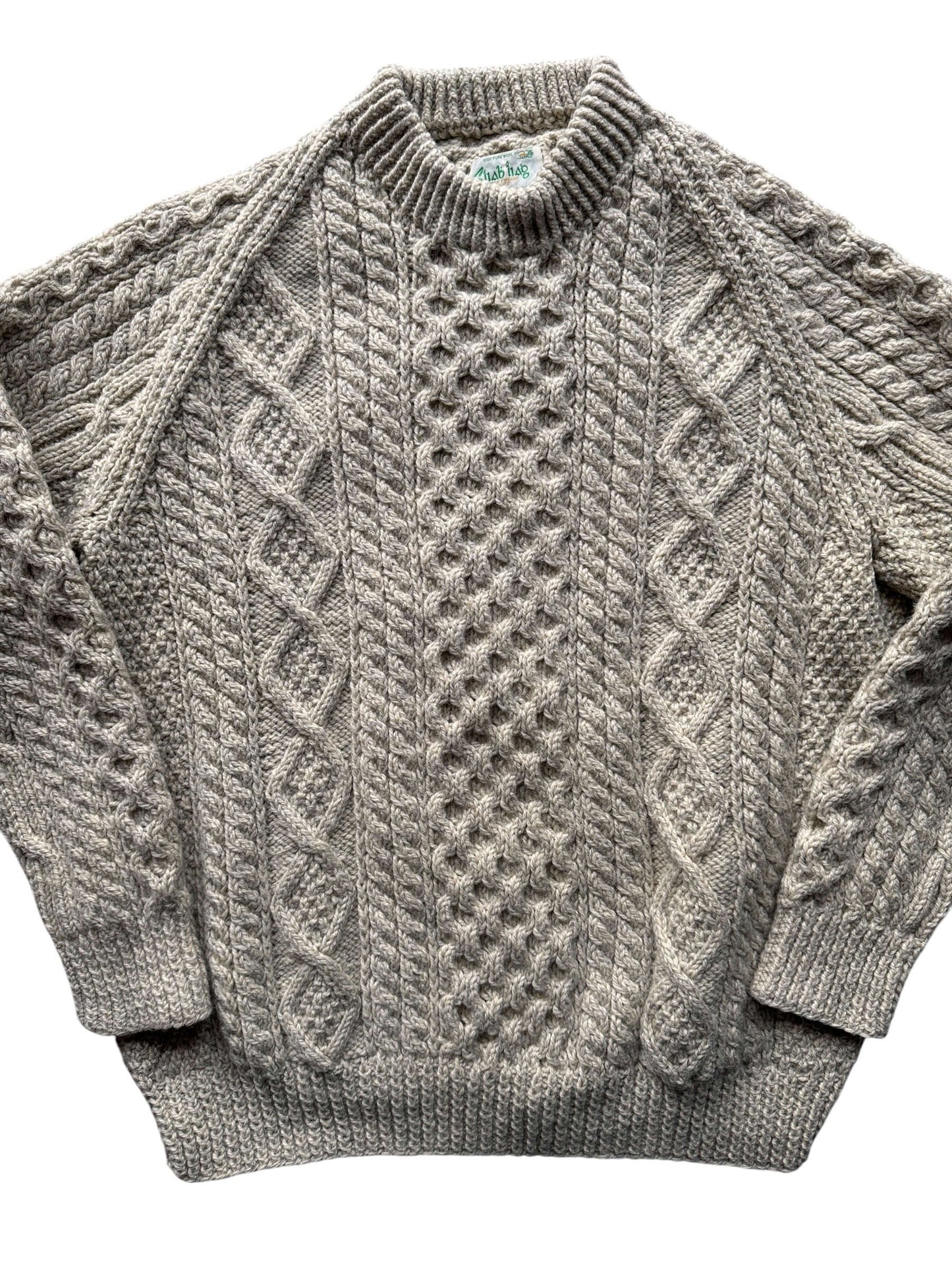 Front Close Up of Vintage Sliab Liag Oatmeal Irish Cable Knit Fishermans Sweater SZ XL
