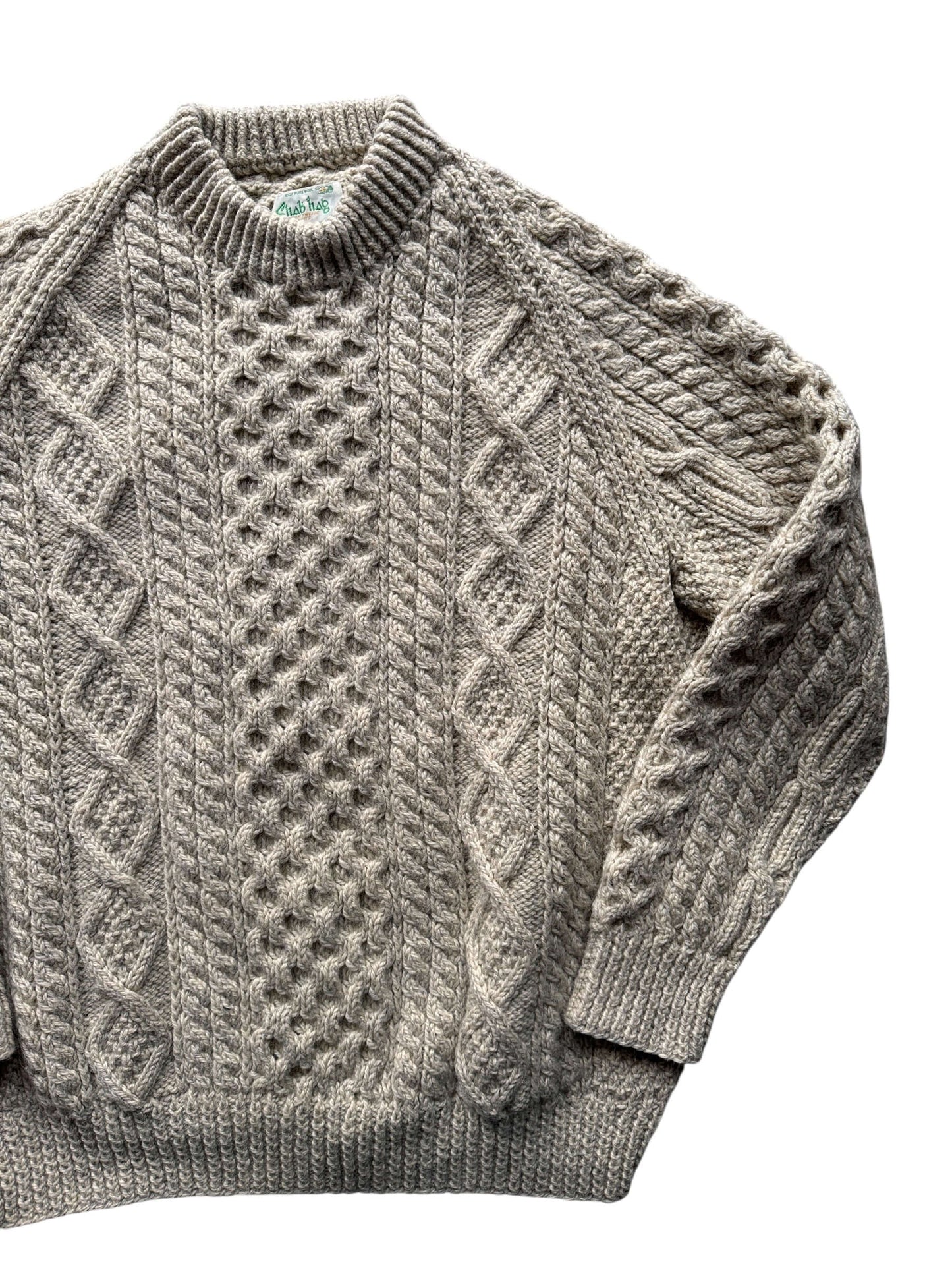 Front Left of Vintage Sliab Liag Oatmeal Irish Cable Knit Fishermans Sweater SZ XL