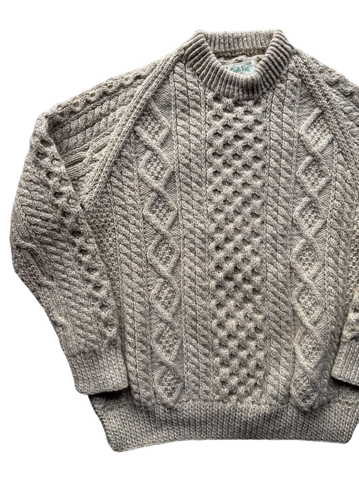Front Right of Vintage Sliab Liag Oatmeal Irish Cable Knit Fishermans Sweater SZ XL