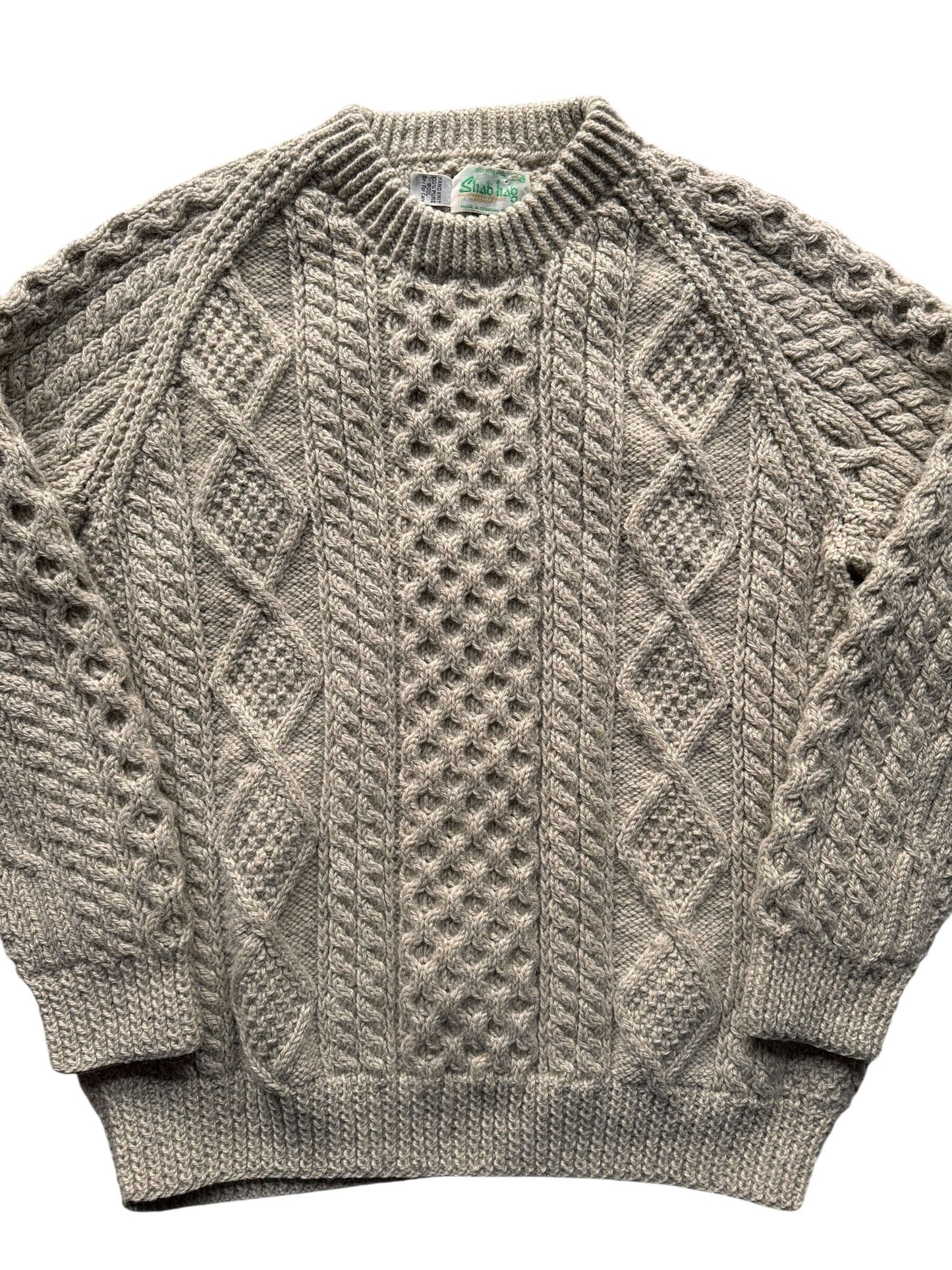 Front Close Up Vintage Sliab Liag Oatmeal Irish Cable Knit Fishermans Sweater SZ XL