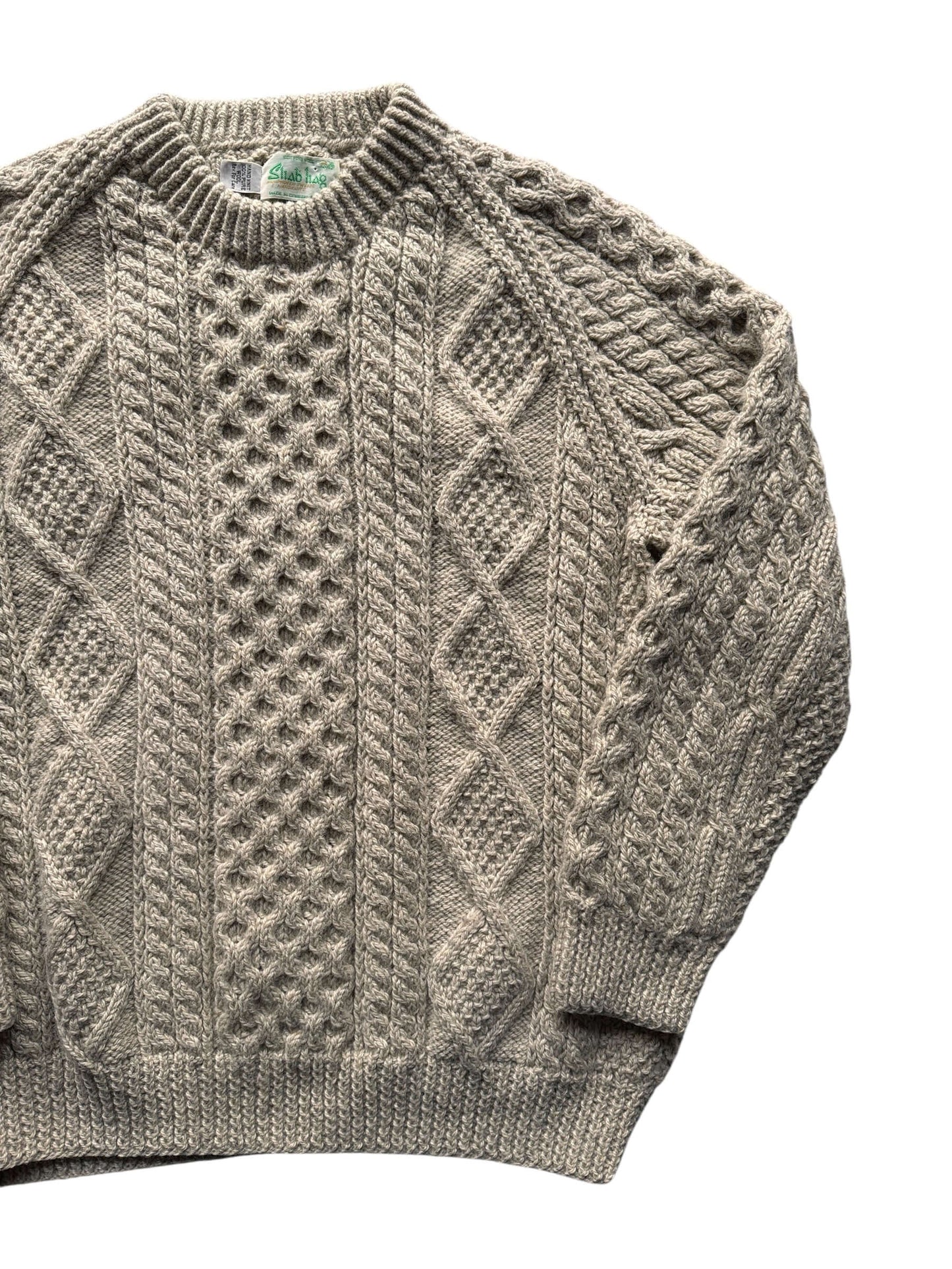 Front Left of Vintage Sliab Liag Oatmeal Irish Cable Knit Fishermans Sweater SZ XL