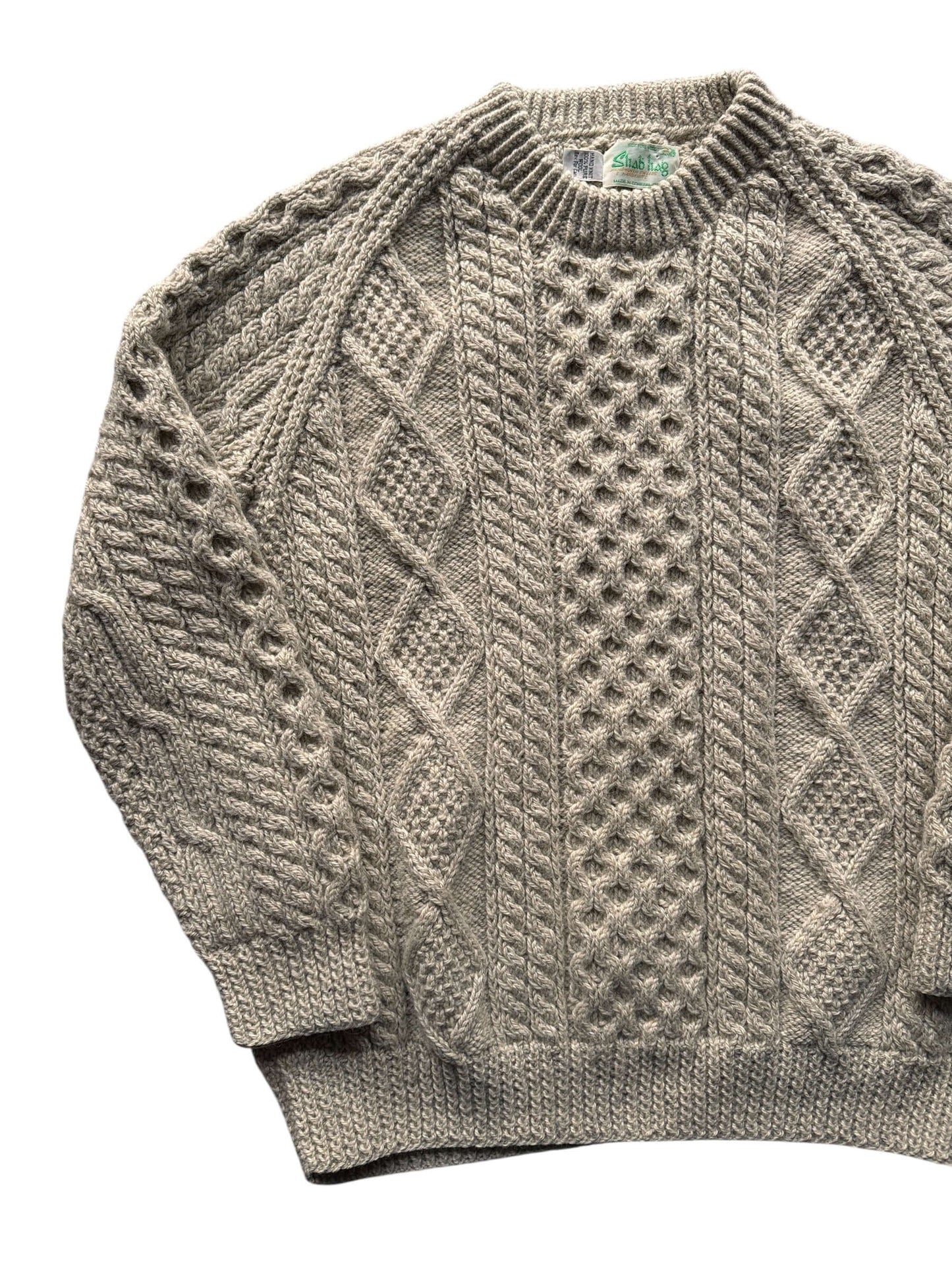 Front Right of Vintage Sliab Liag Oatmeal Irish Cable Knit Fishermans Sweater SZ XL