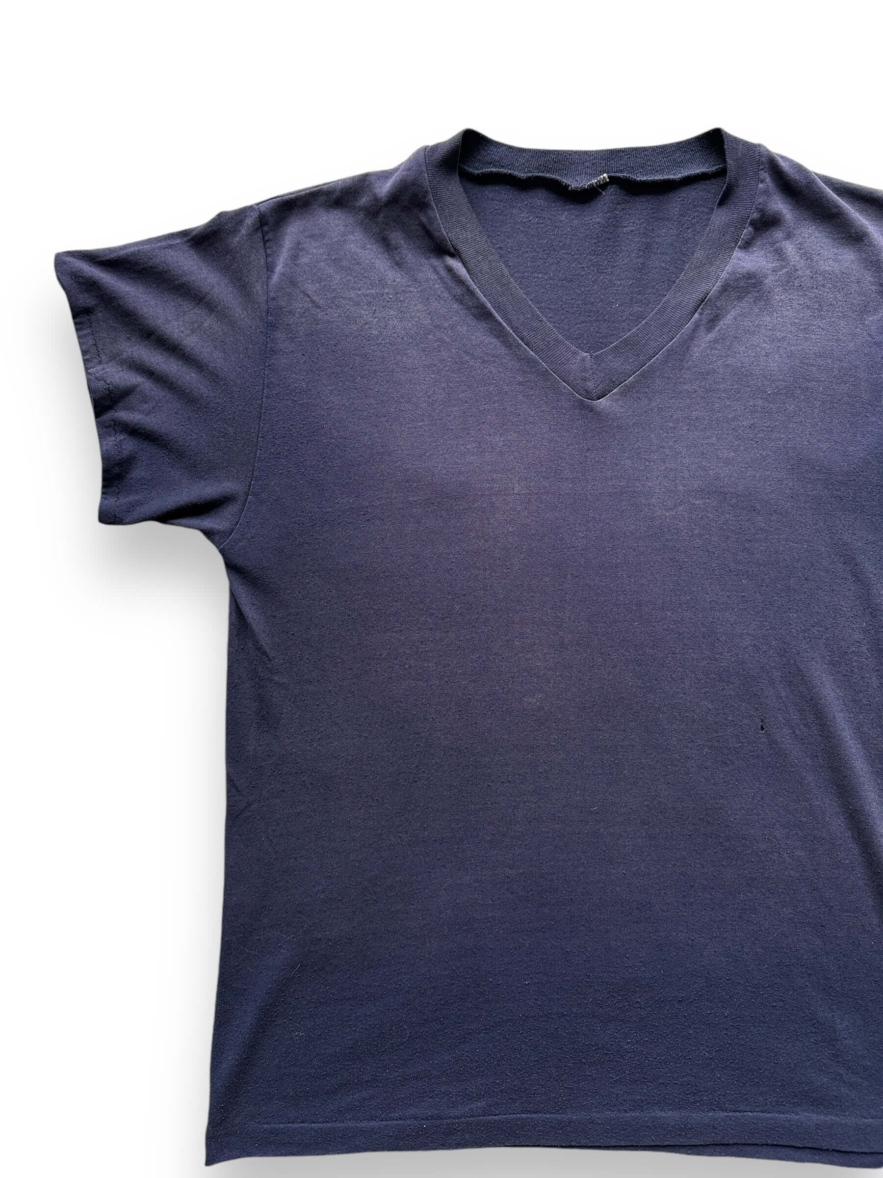 Front Right View of Vintage Faded Blue V Neck Tee SZ L