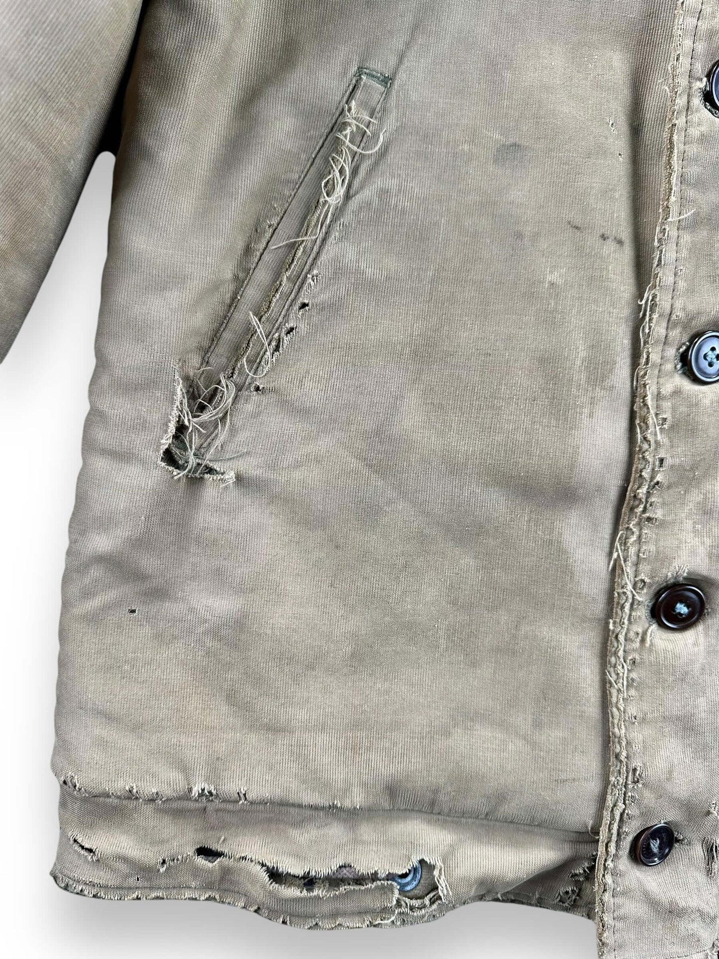 Damage to Lower Right Front Side of Vintage Salty N-1 USN Deck Jacket SZ 40