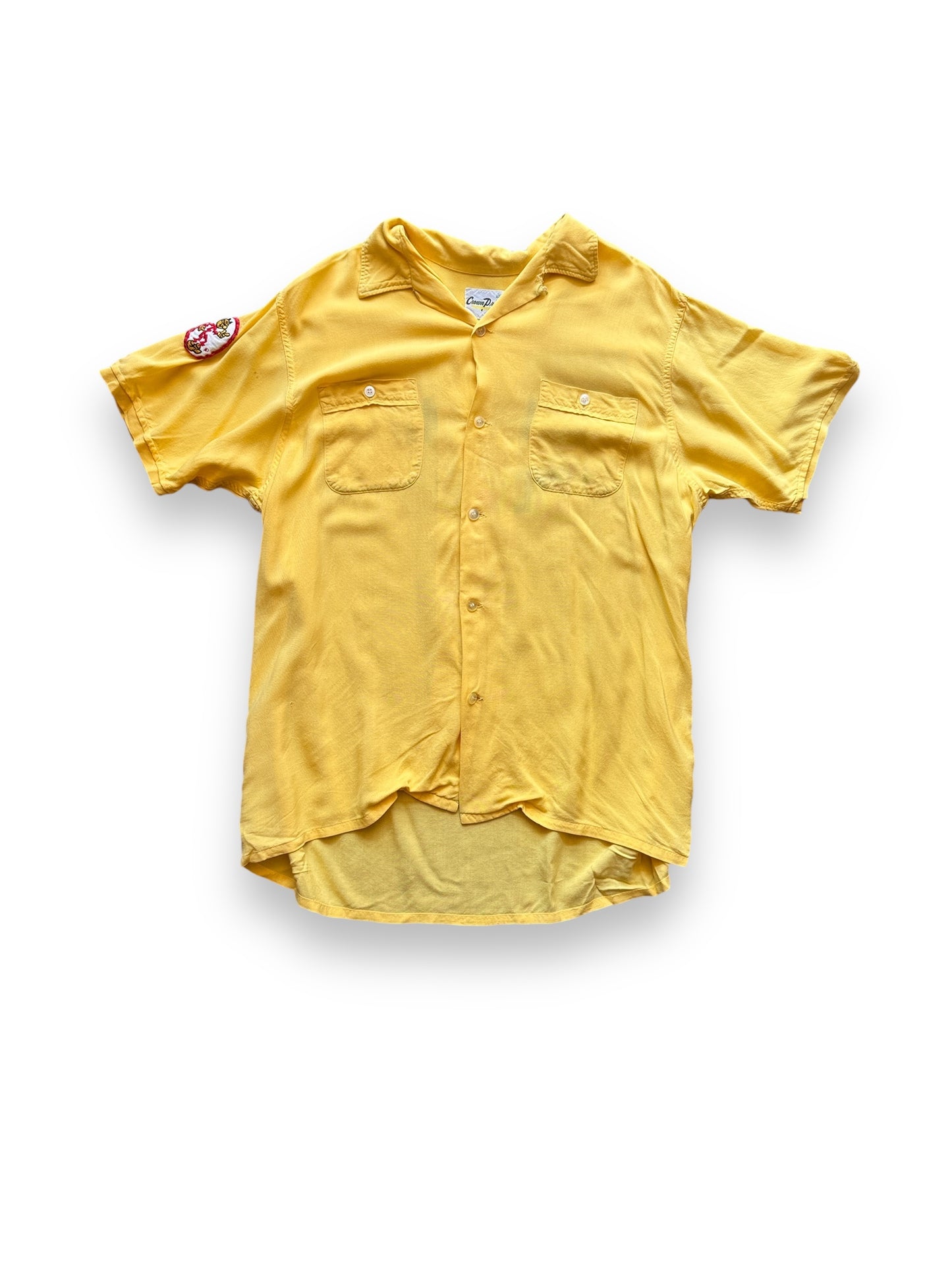 Front View of Vintage Yellow Rayon Rainbow Dam Chainstitch Bowling Shirt SZ L