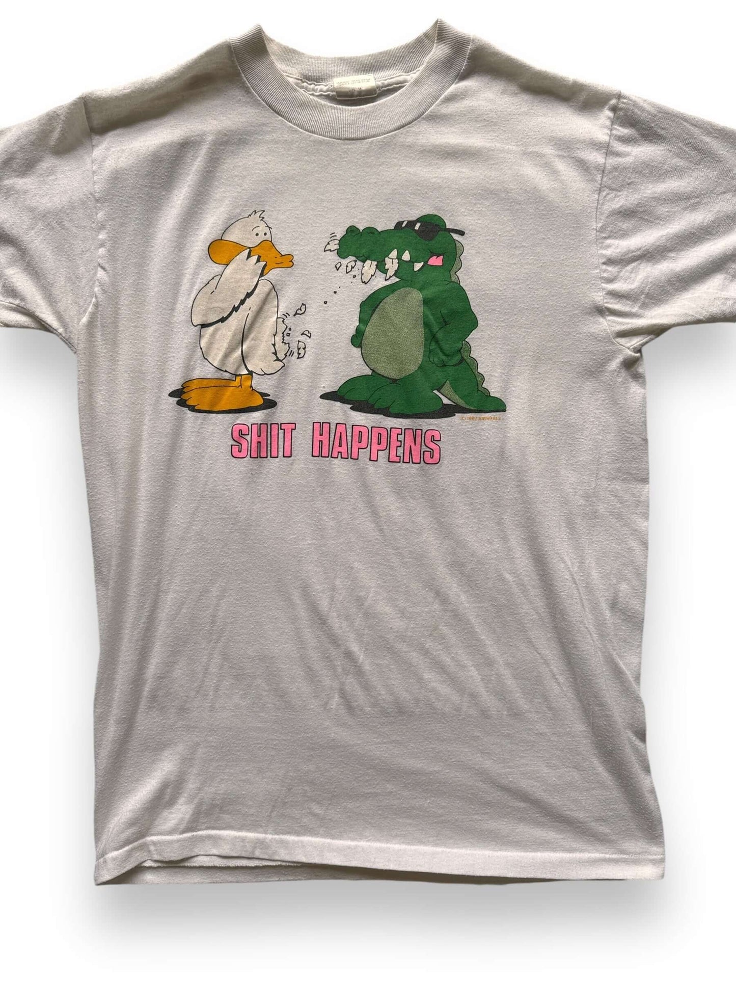 Front Detail on Vintage 1987 Shit Happens Tee SZ L