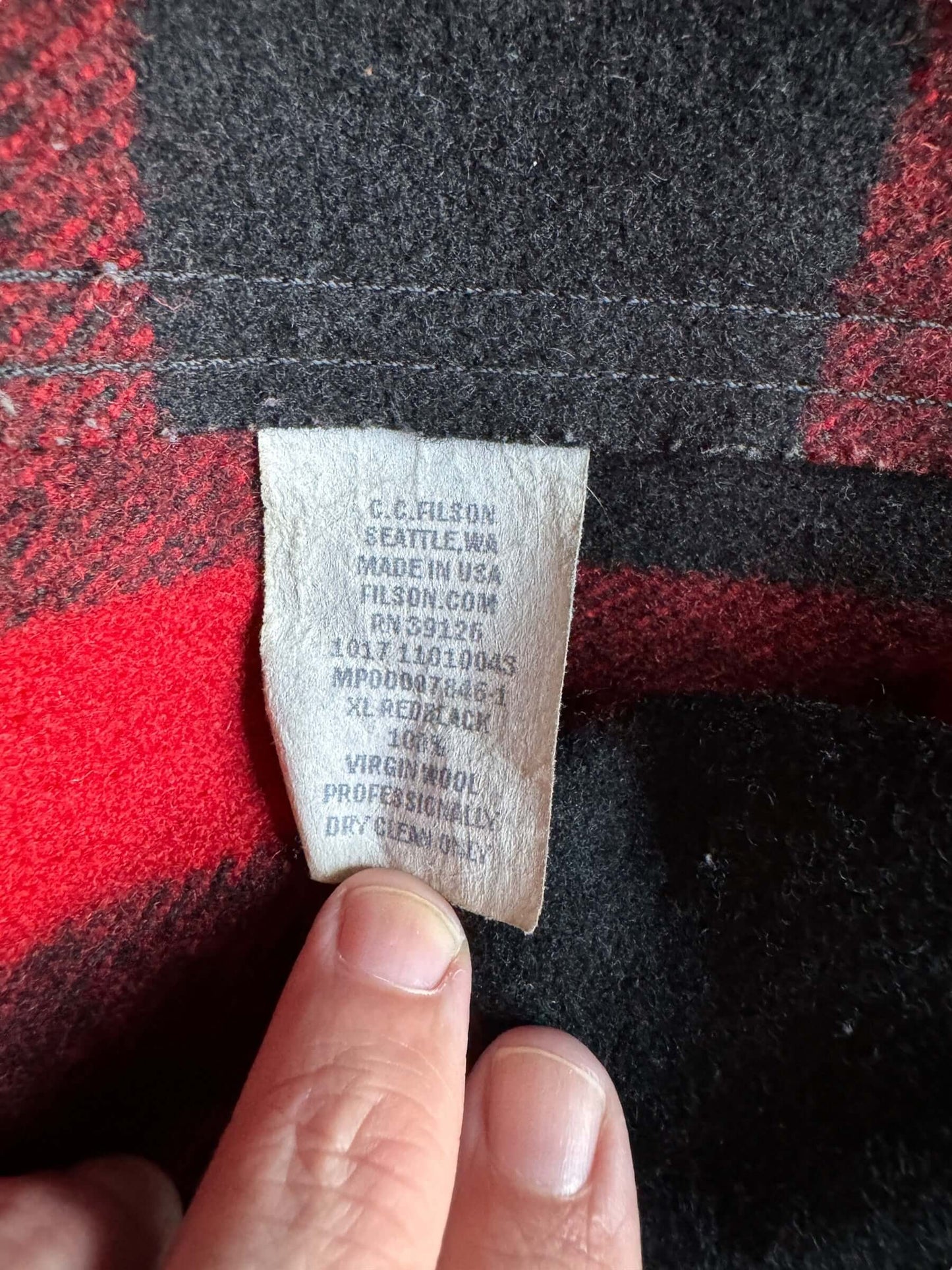 Production Tag on Filson Red & Black Mackinaw Cruiser SZ XL