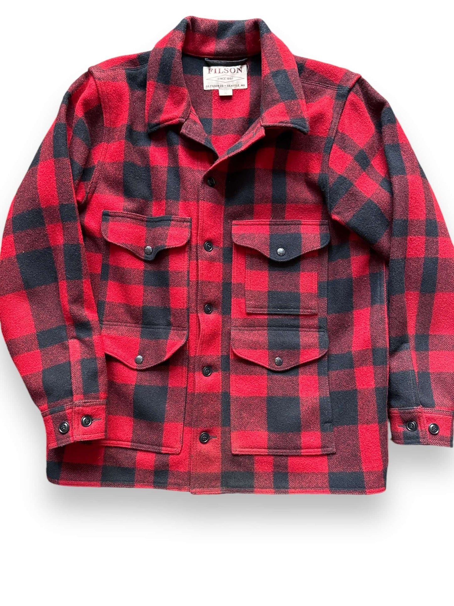Front Detail of Filson Red & Black Mackinaw Cruiser SZ XL