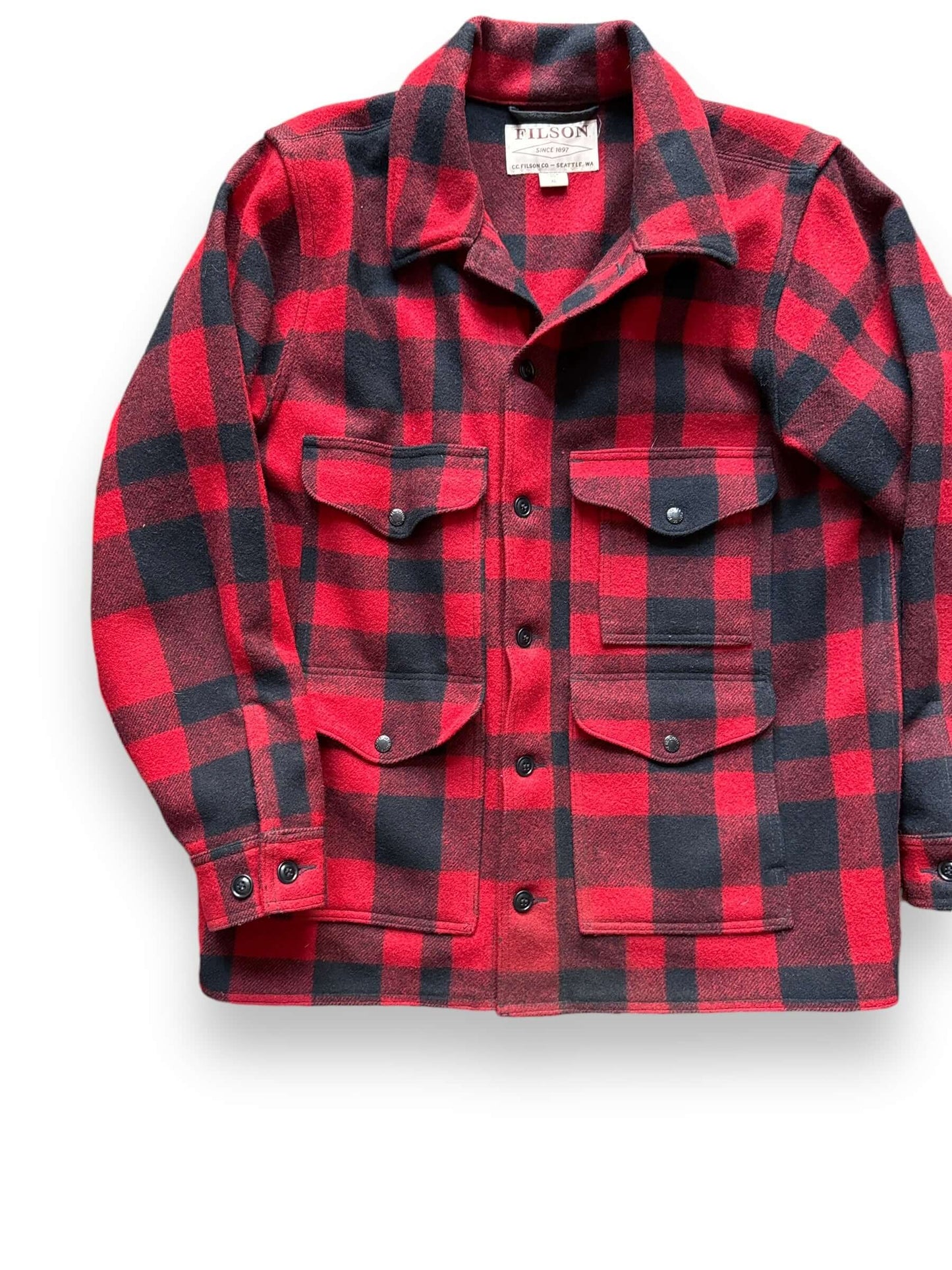 Front Right View of Filson Red & Black Mackinaw Cruiser SZ XL