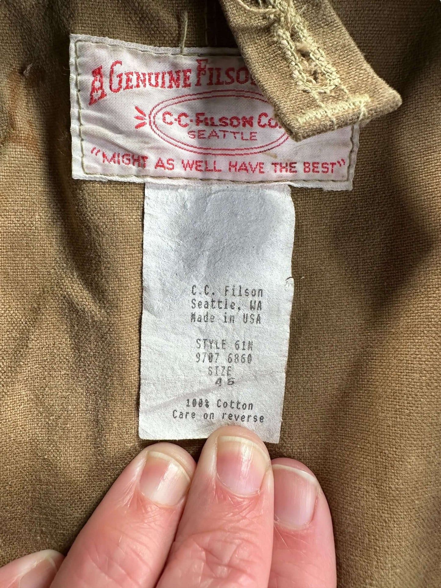 Tag View of Vintage Filson Tin Cloth Packer SZ 46