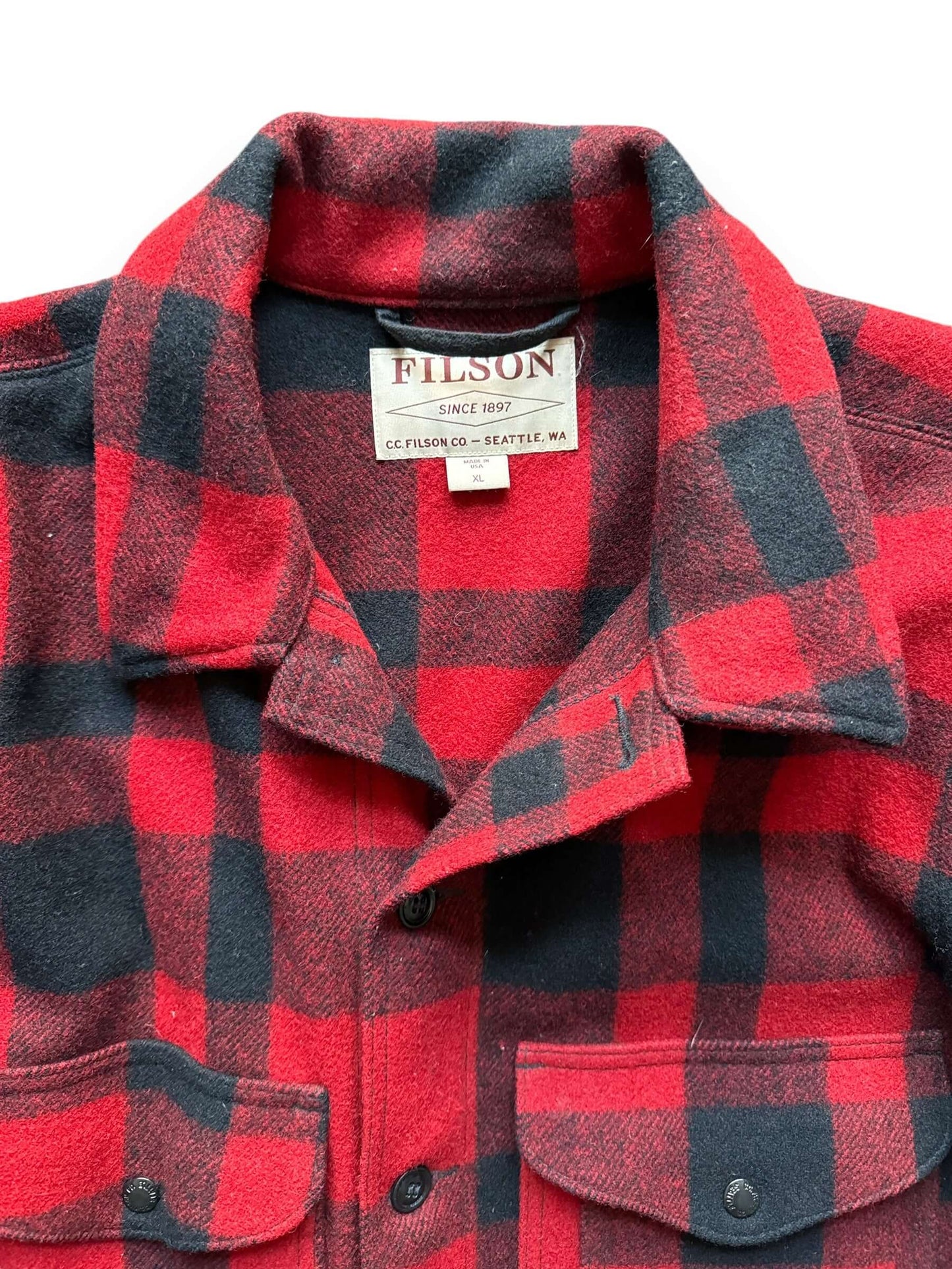 Upper Front View of Filson Red & Black Mackinaw Cruiser SZ XL