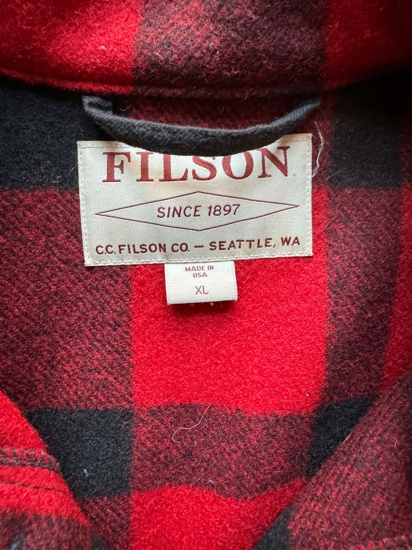 Tag View of Filson Red & Black Mackinaw Cruiser SZ XL