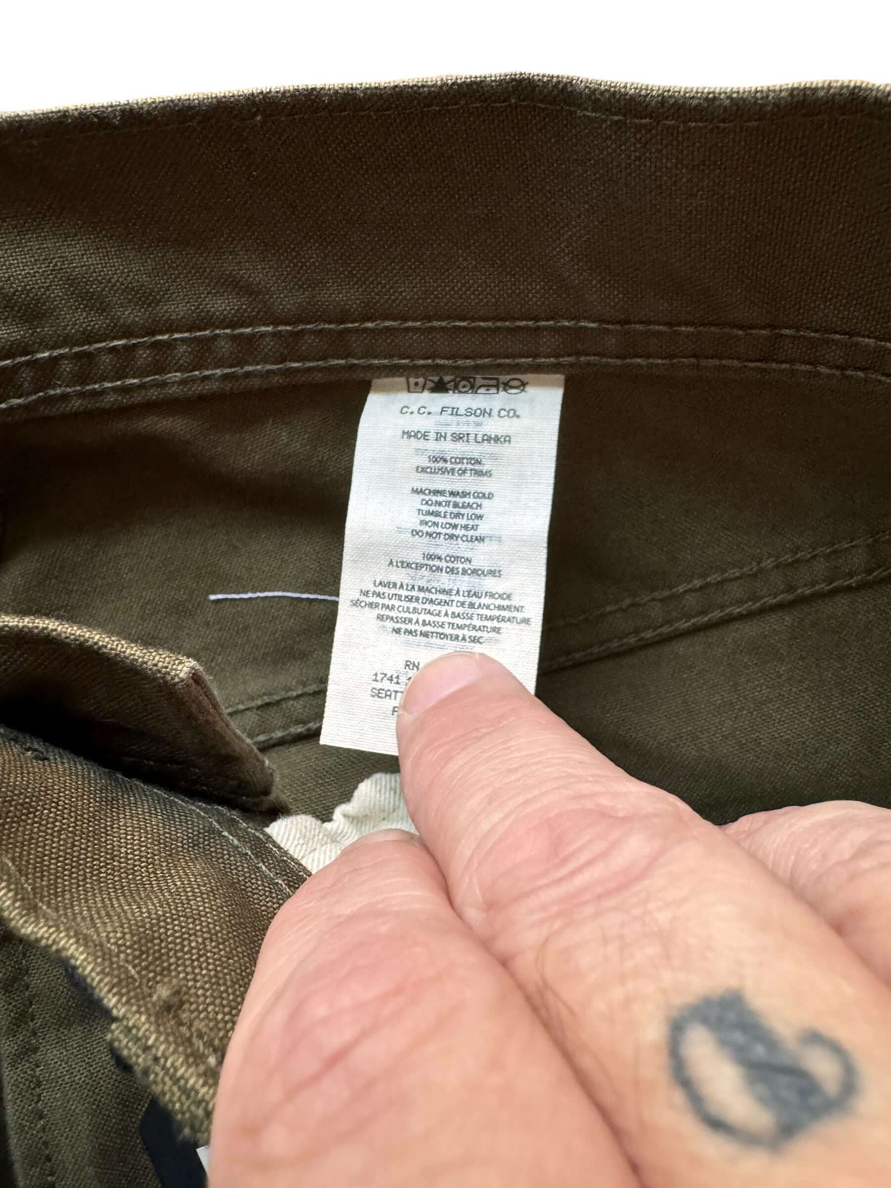 Production Tag on NOS Filson Dry Tin 5 Pocket Pants W33