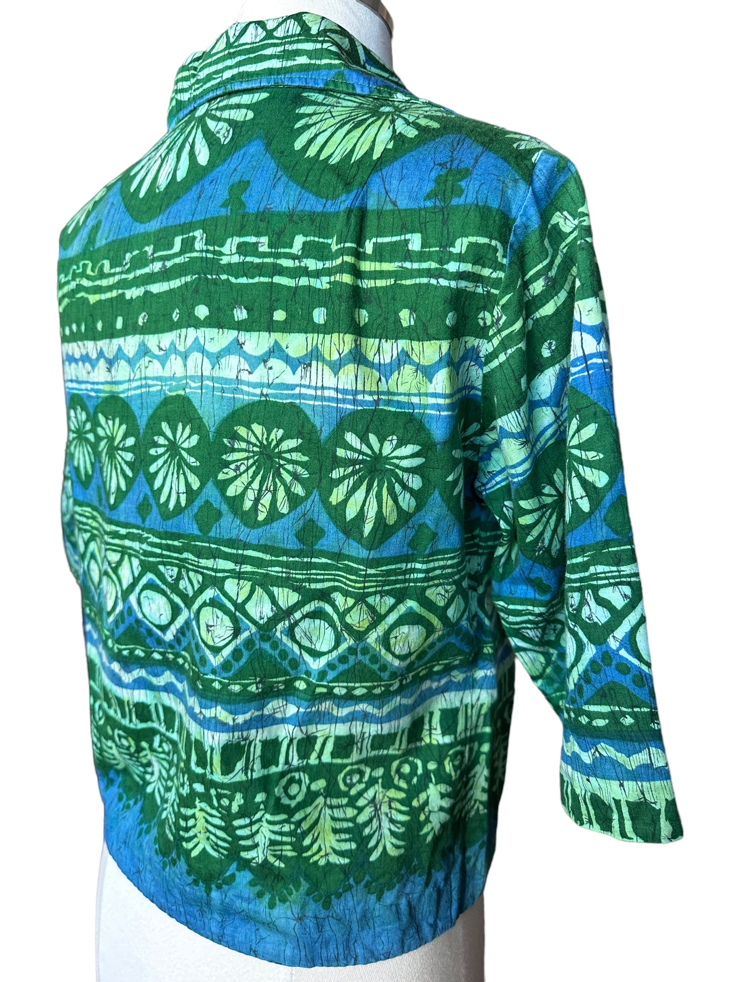 Back right side view of Vintage 1950s Batik Style Shirt | Seattle Vintage Ladies Clothing | Barn Owl True Vintage