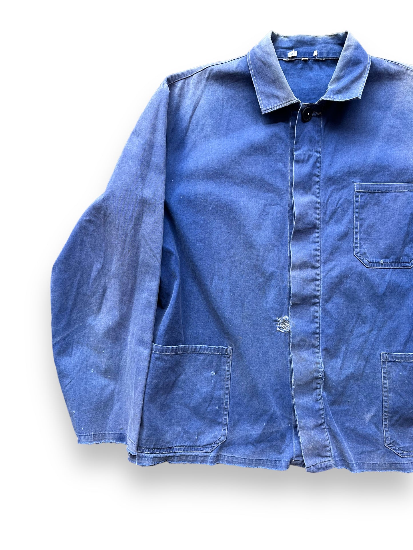 Front Right View of Vintage Faded French Workwear Chore Coat SZ L | Vintage European Workwear Seattle | Barn Owl Vintage Goods Seattle