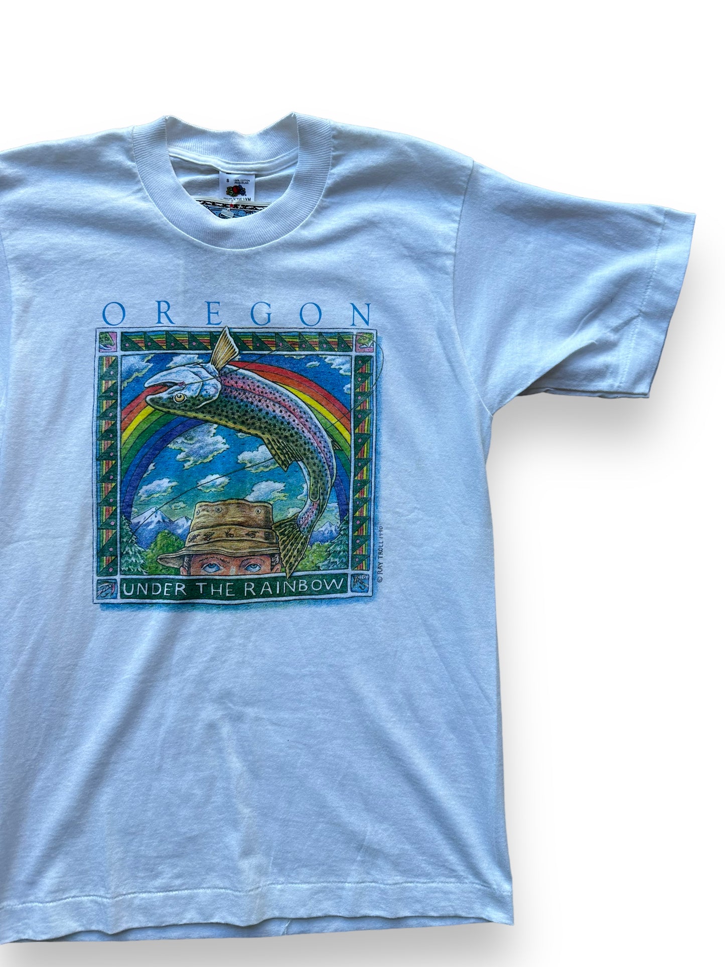 Front left of Vintage Ray Troll Deadstock Oregon "Under the Rainbow" Tee SZ S | Vintage Fishing Tee Seattle | Barn Owl Vintage