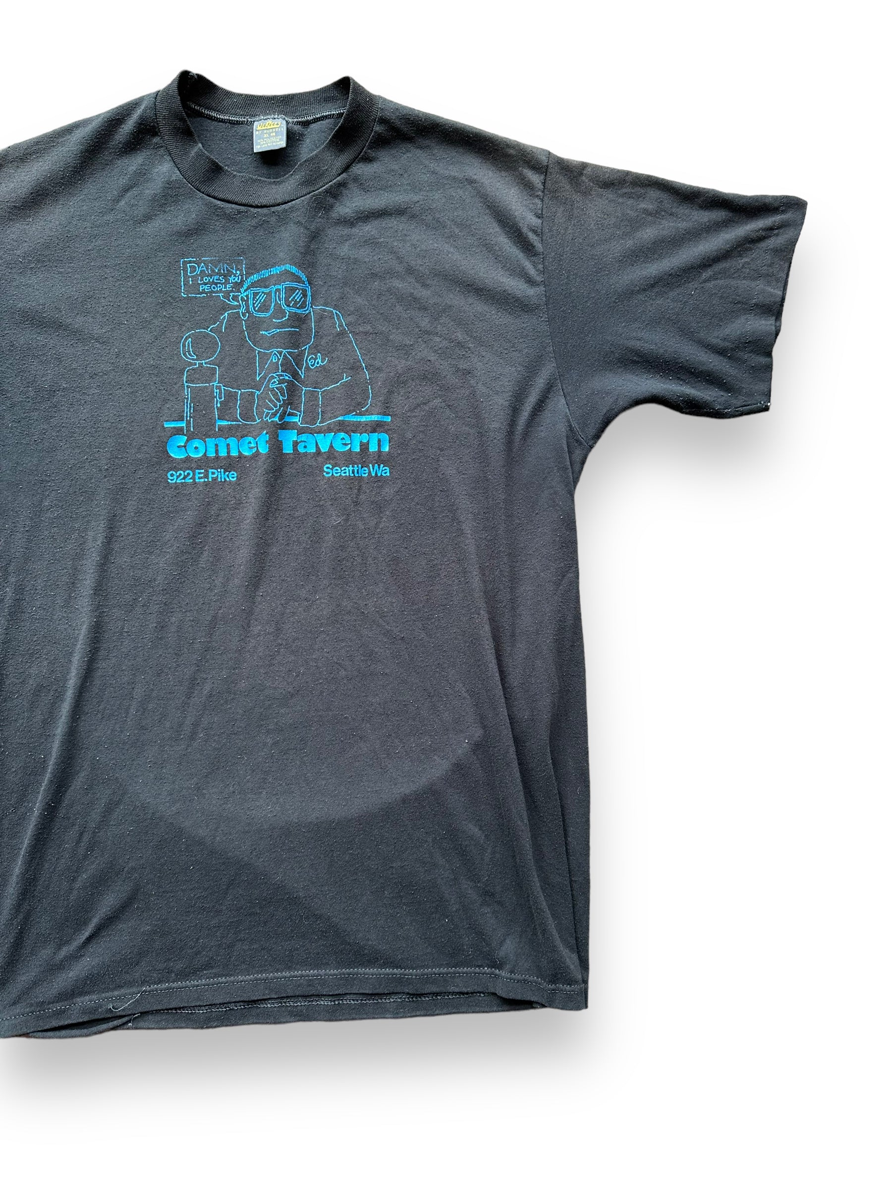 Front Left View of Vintage Comet Tavern Seattle Tee SZ XL | Vintage Single Stitch T-Shirts Seattle | Barn Owl Vintage Tees Seattle