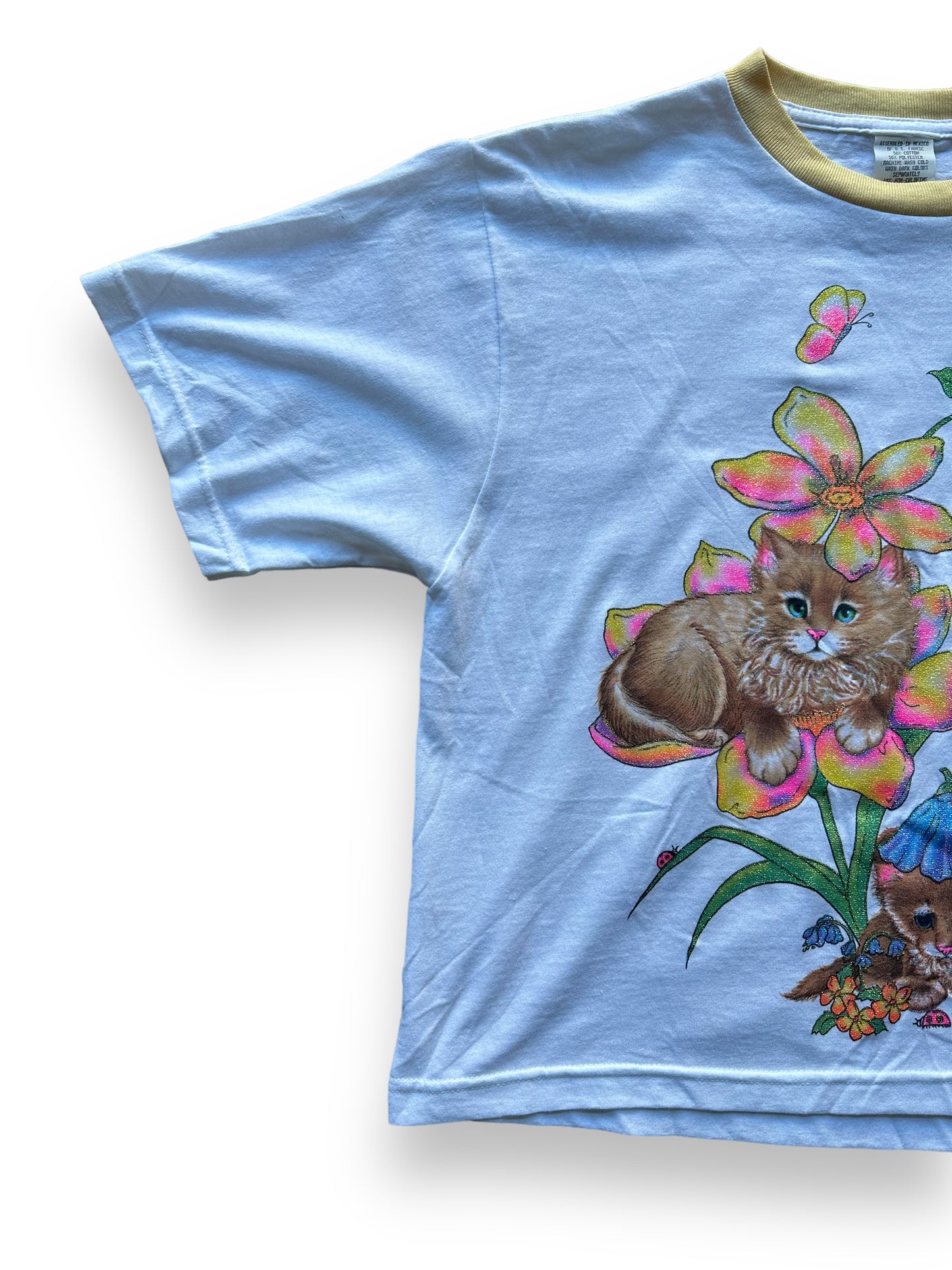 Front right of Vintage Yellow Glitter Cat Ringer Tee SZ M | Vintage Cat Tee Seattle | Barn Owl Vintage