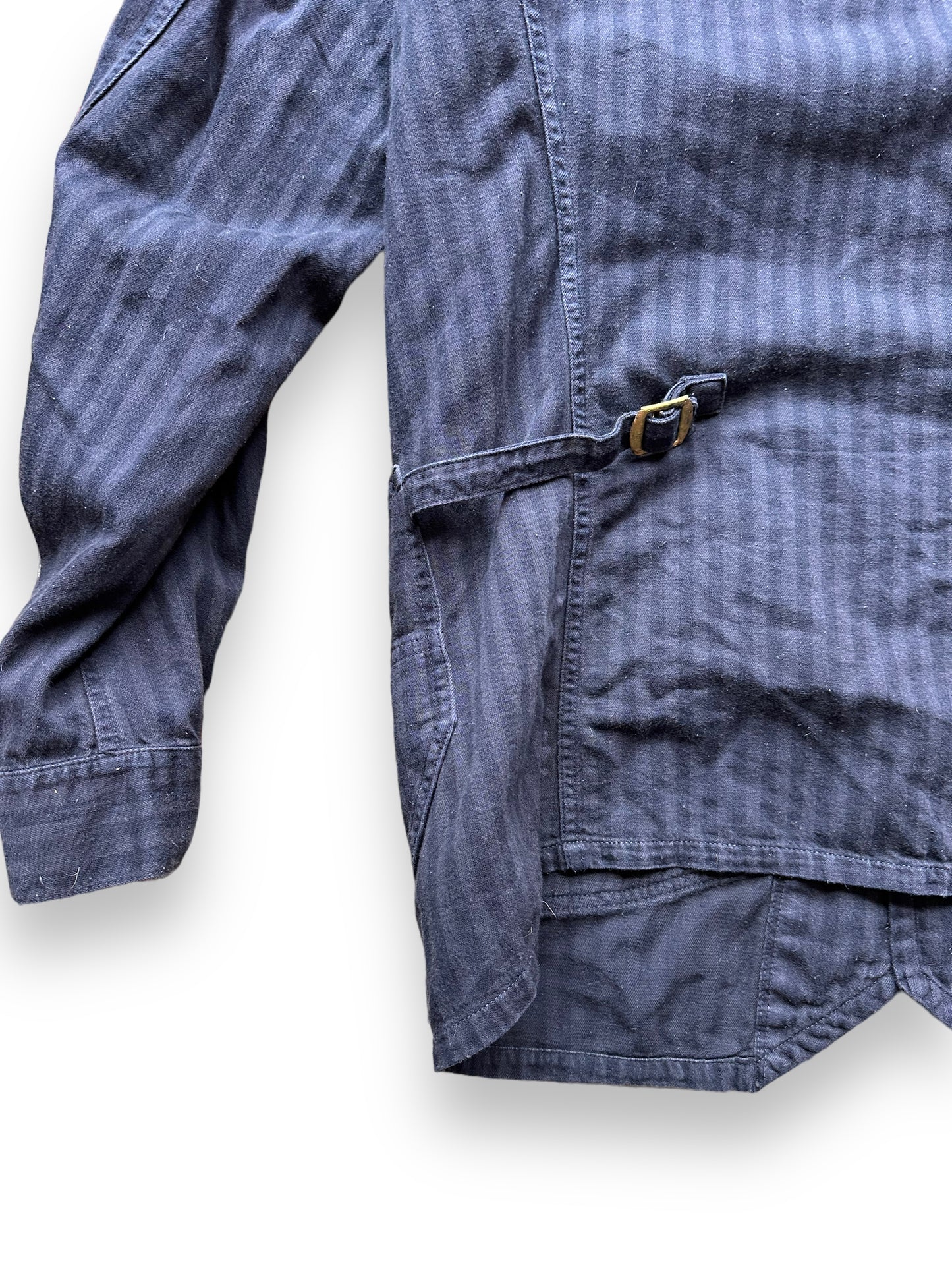 Side Cinch View on Sugarcane Reproduction Herringbone Twill Chore Coat SZ L | Vintage European Workwear Seattle | Barn Owl Vintage Goods Seattle