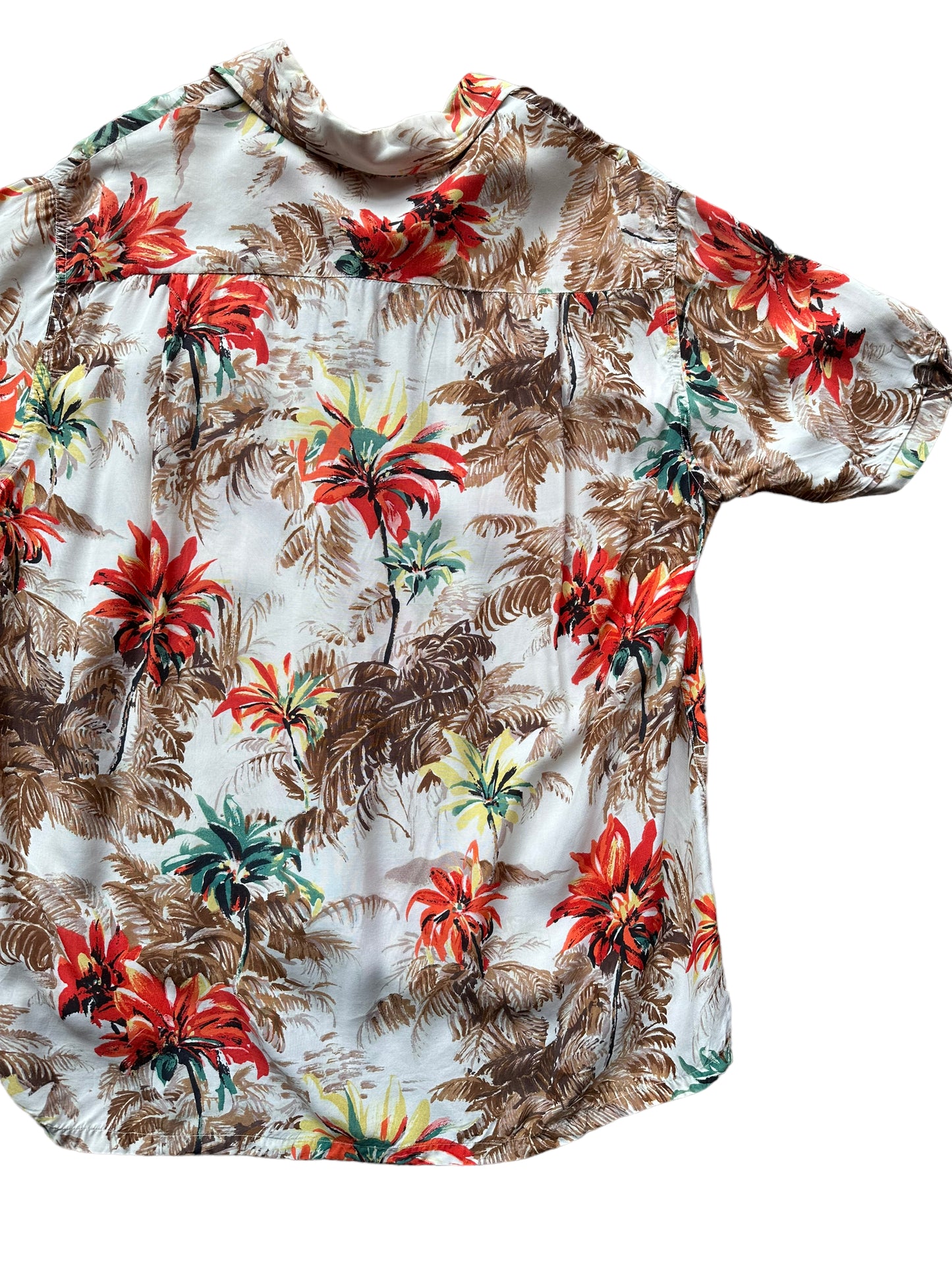 Back right shot of Vintage Made in Japan Penney's Brown/Orange Floral Aloha Shirt SZ M | Seattle Vintage Rayon Hawaiian Shirt | Barn Owl Vintage Clothing Seattle