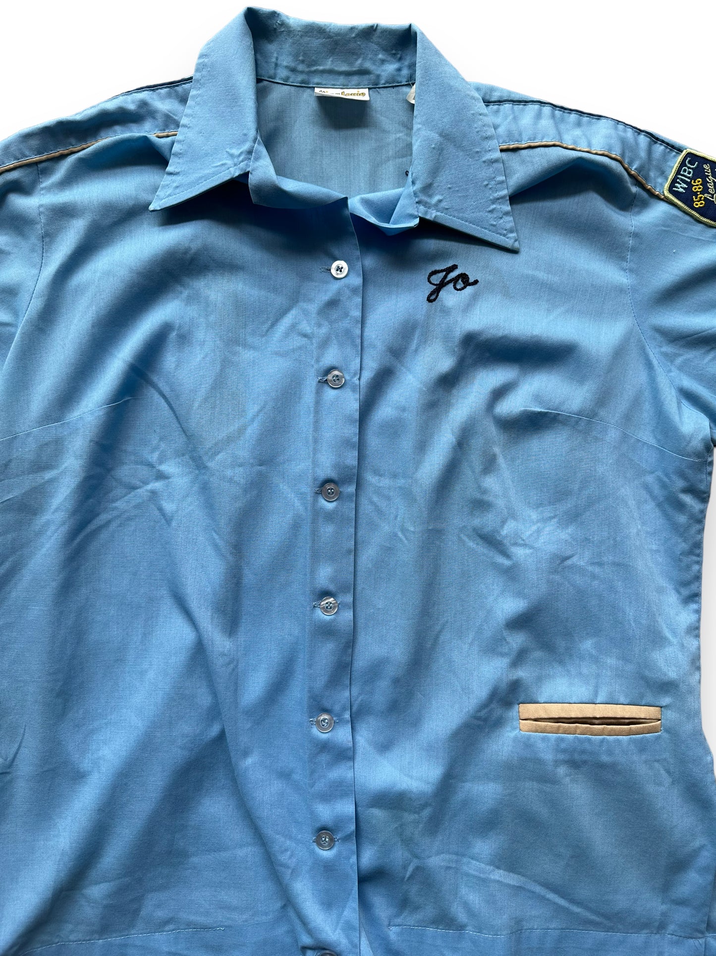 Front close up of Vintage "New Frontier Lanes" Chainstitched Bowling Shirt SZ 40 | Vintage Bowling Shirt Seattle | Barn Owl Vintage Seattle