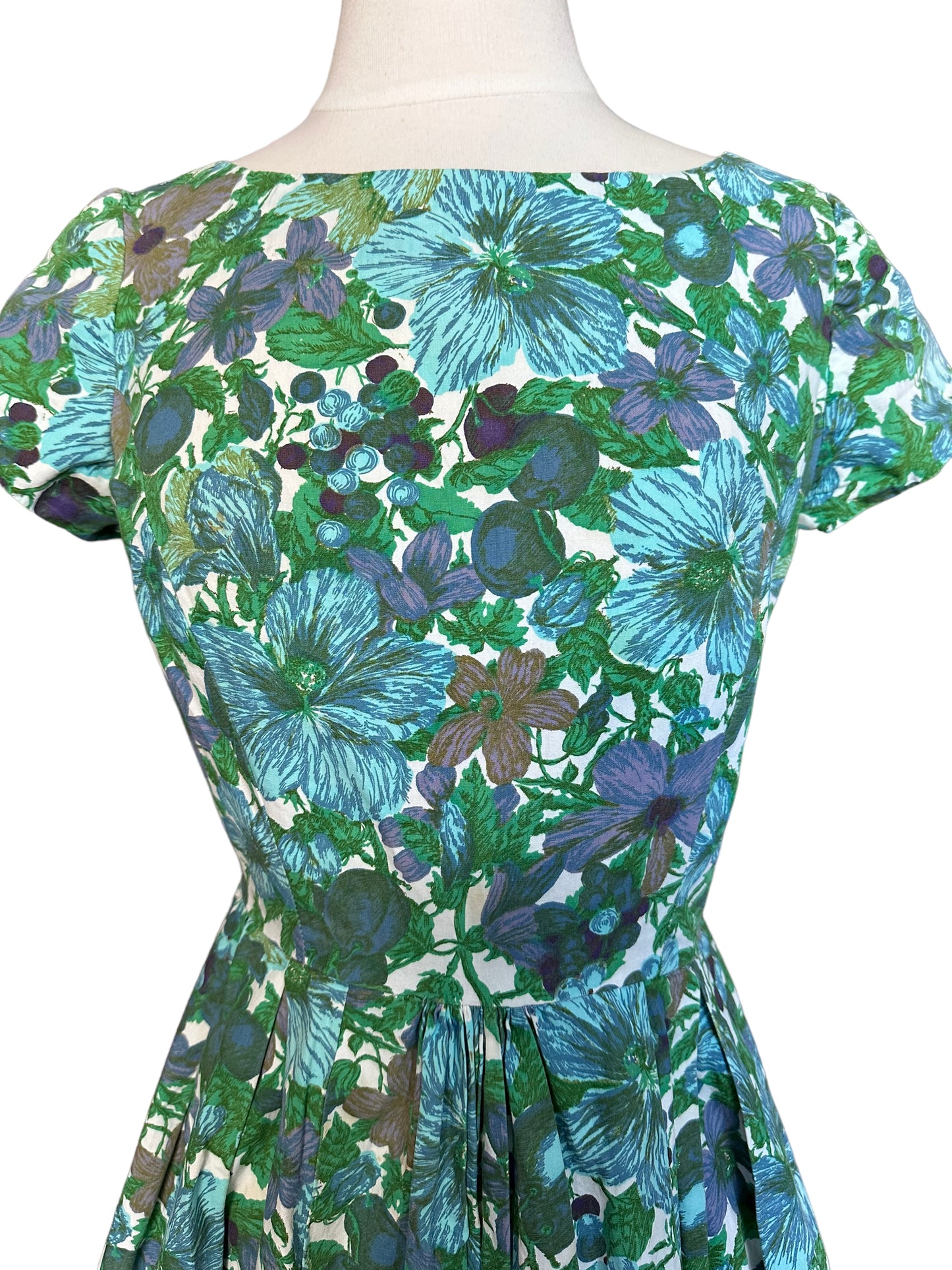 Front bust view of Vintage 1950s Blue Floral Cotton Dress | Barn Owl True Vintage | Seattle Vintage Dresses