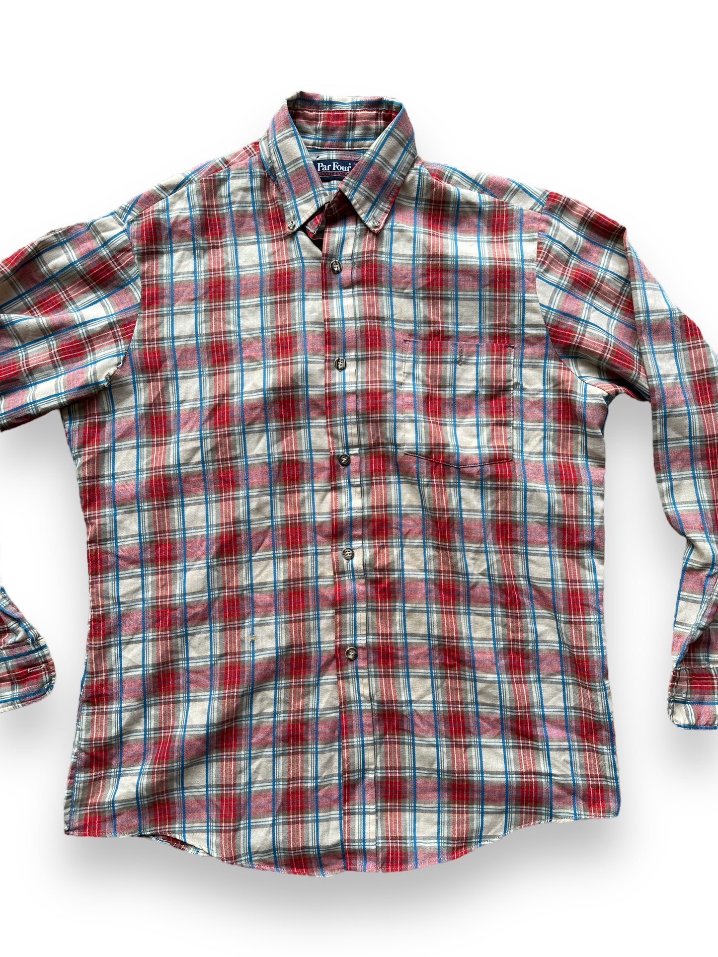 Front close up of Vintage Plaid Par Four Sportswear Button Up Shirt SZ M | Vintage Cotton Flannel Seattle | Barn Owl Vintage Seattle