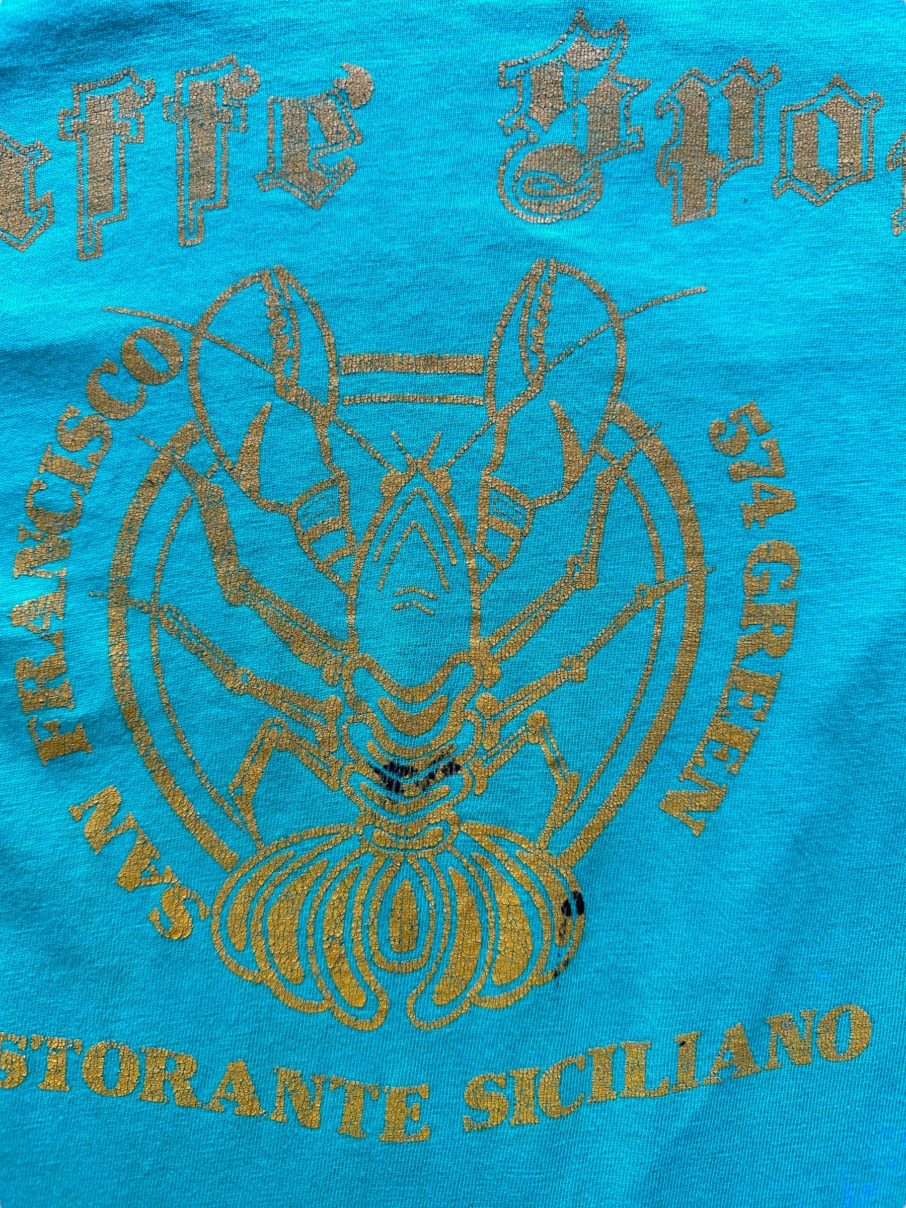 Front graphic of Vintage Distressed Seafood Restaurant Tee SZ M |  Vintage Fishing Tee Seattle | Barn Owl Vintage
