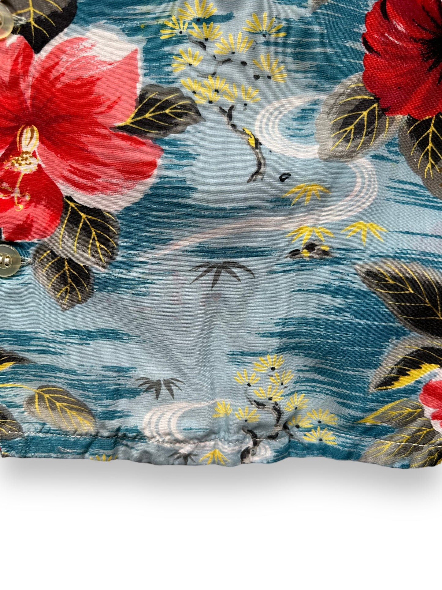 Stain detail 4 of Vintage Made in Japan Penney's Blue/Pink/Yellow Floral Aloha Shirt SZ L | Seattle Vintage Rayon Hawaiian Shirt | Barn Owl Vintage Clothing Seattle