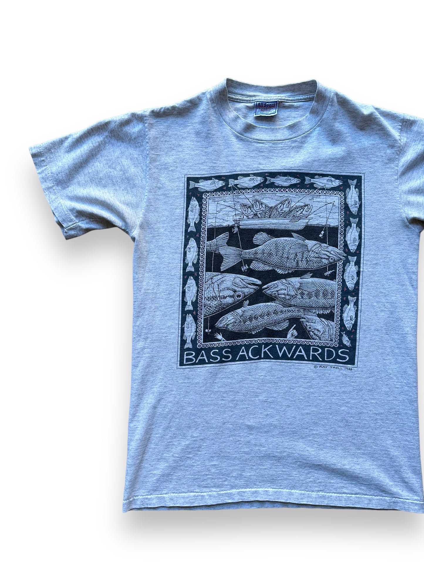 Front right of Vintage Ray Troll Bass Ackwards Tee SZ M | Vintage Fishing Tee Seattle | Barn Owl Vintage