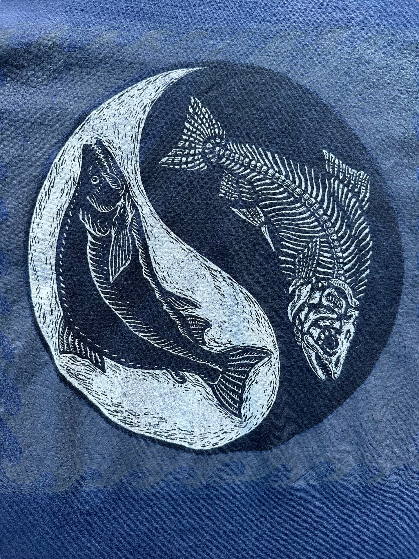 Front graphic of Vintage Ray Troll Life and Death Salmon Tee SZ M | Vintage Fishing Tee Seattle | Barn Owl Vintage