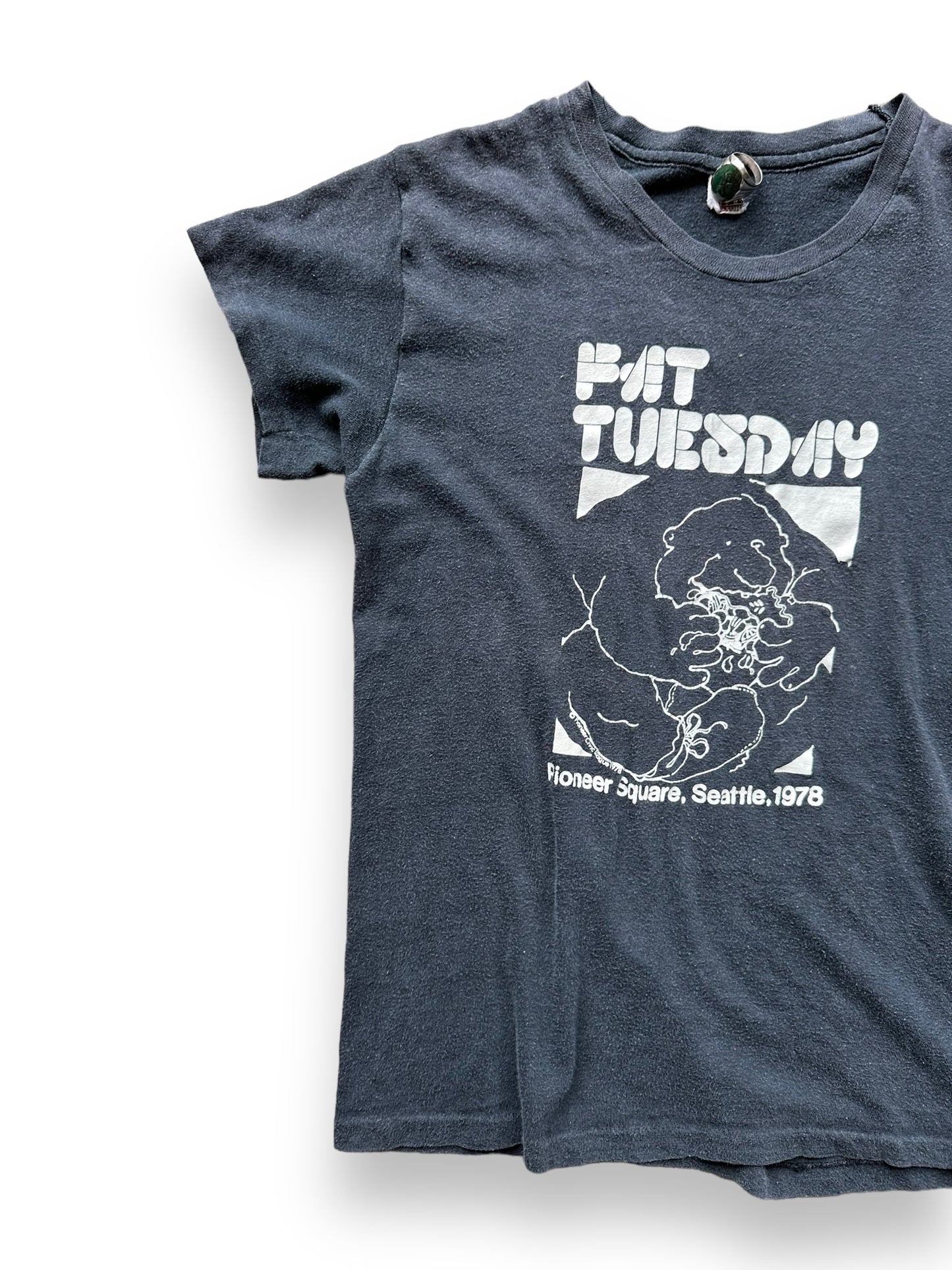 Front Right View of Vintage Fat Tuesday Seattle Tee SZ M | Vintage Single Stitch T-Shirts Seattle | Barn Owl Vintage Tees Seattle