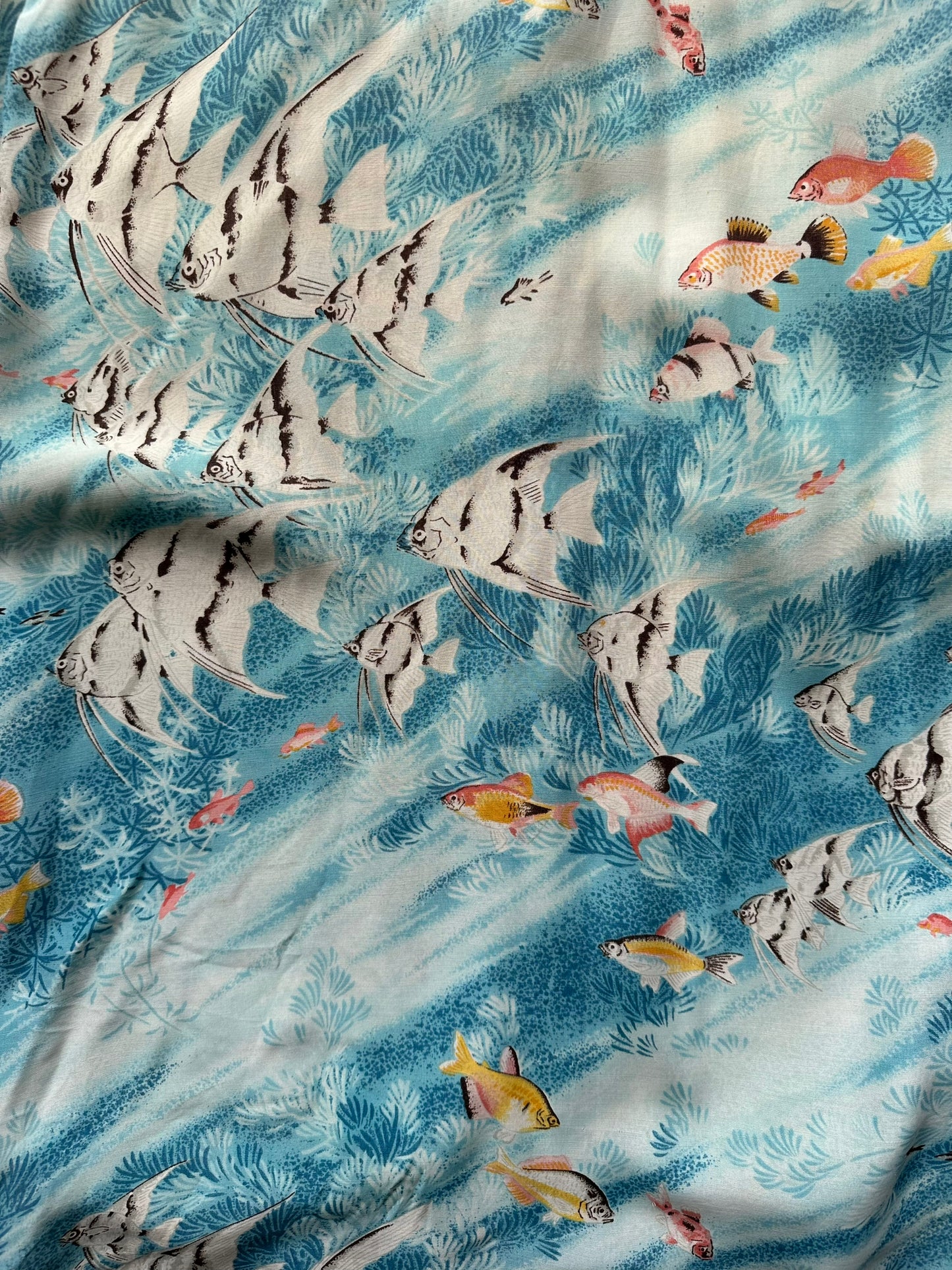 Back detail shot of Vintage Penny's Blue Tropical Fish Aloha Shirt SZ XL | Seattle Vintage Rayon Hawaiian Shirt | Barn Owl Vintage Clothing Seattle