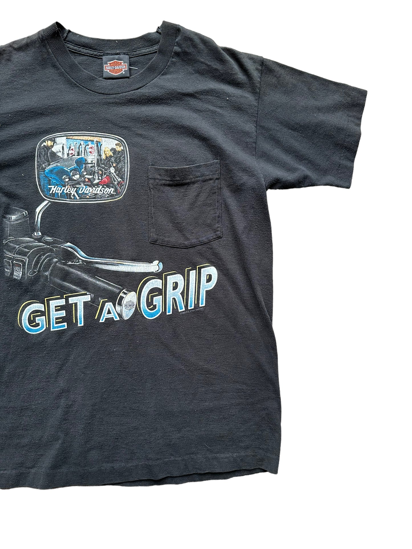 Front left of Vintage Harley Davidson Get a Grip Pocket Tee SZ M | Vintage Harley Tee | Barn Owl Vintage Seattle