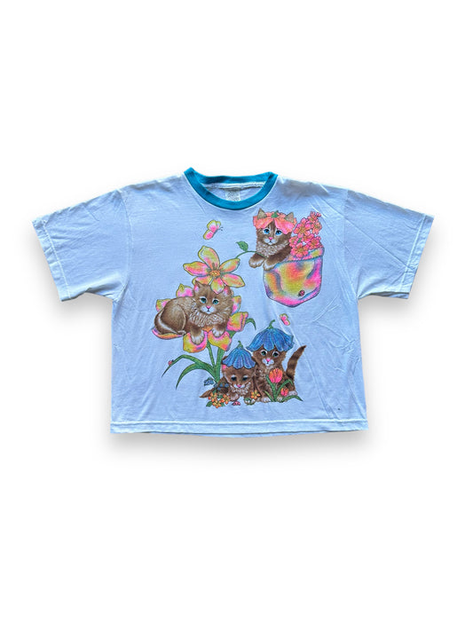Front of Vintage Blue Glitter Cat Ringer Tee SZ M |  Vintage Cat Tee Seattle | Barn Owl Vintage