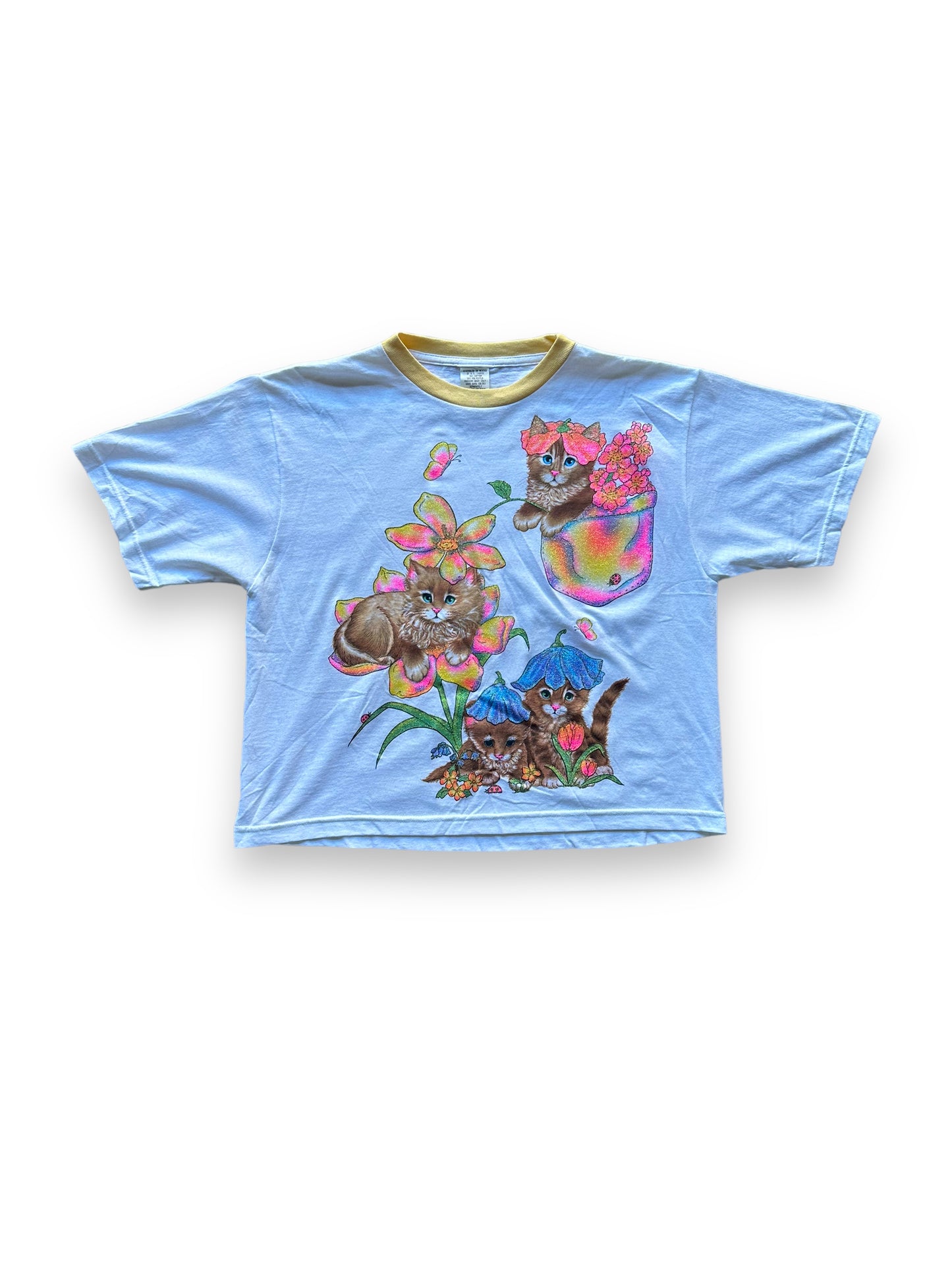 Front of Vintage Yellow Glitter Cat Ringer Tee SZ M | Vintage Cat Tee Seattle | Barn Owl Vintage