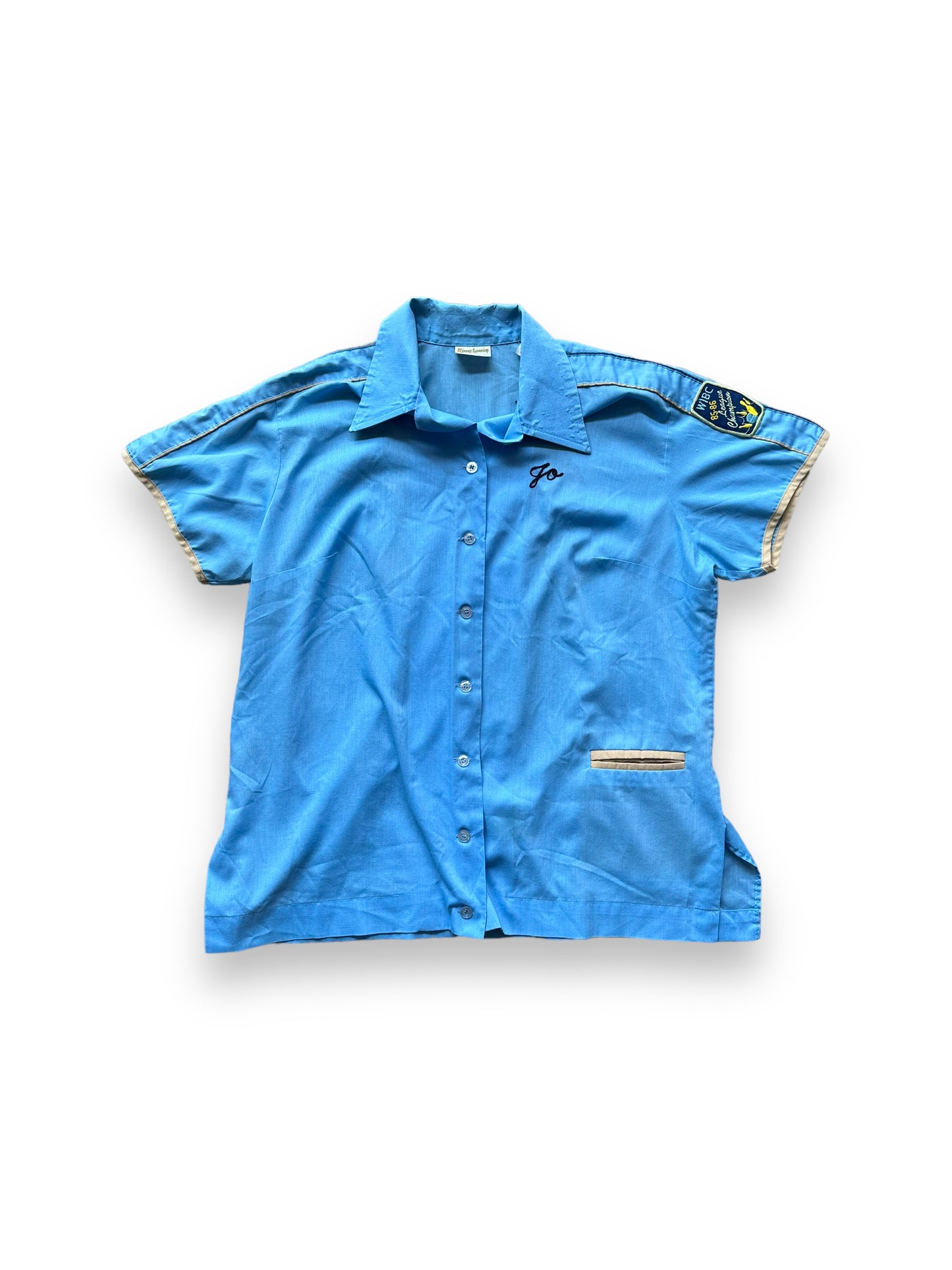 Front of Vintage "New Frontier Lanes" Chainstitched Bowling Shirt SZ 40 | Vintage Bowling Shirt Seattle | Barn Owl Vintage Seattle