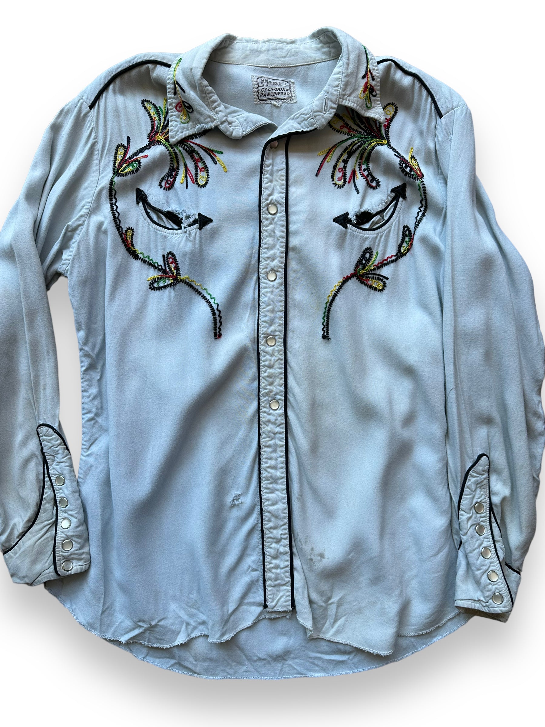 Front close up of Vintage Distressed H-Bar-C Gabardine Western Shirt SZ L | Vintage Chainstitch Gabardine Seattle | Barn Owl Vintage Seattle