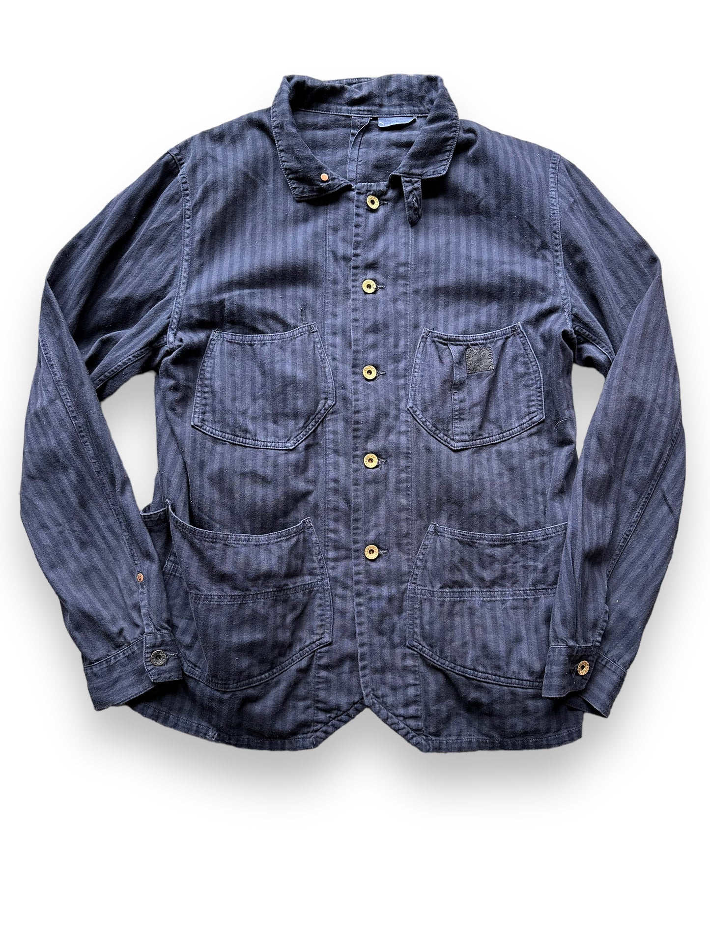 Front View of Sugarcane Reproduction Herringbone Twill Chore Coat SZ L | Vintage European Workwear Seattle | Barn Owl Vintage Goods Seattle